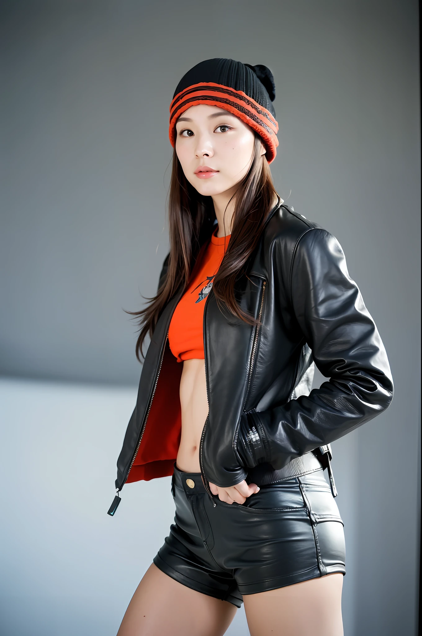 full body, seductive ass, ((8k:1.27), best quality, masterpiece, ultra highres:1.2) , (Abs, developed muscles: 1.2), Photo of a beautiful Japanese woman, (science fiction warrior woman:1.1) space soldier, sinth wave, (beanie:1.61) (leather jacket:1.21) intricate elegant, fantasy, detailed, metric by Greg Rutkowski and Alphonse Mucha, gradient lighting