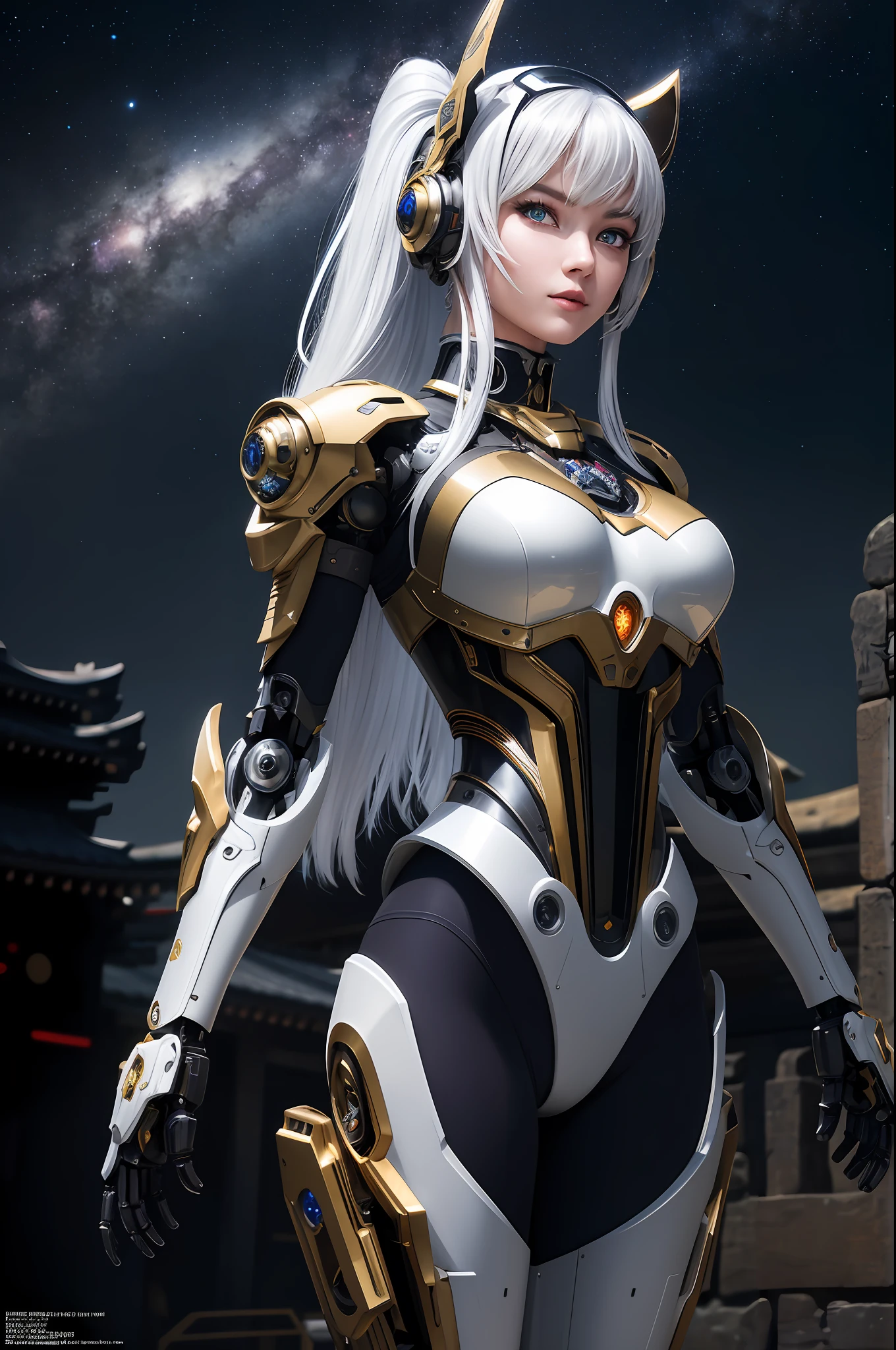 masterpiece,best quality,ultra-detailed,very detailed illustrations,extremely detailed,intricate details,highres,super complex details,extremely detailed 8k cg wallpaper,cowboy shot, caustics,reflection,ray tracing,demontheme,nebula,dark aura,cyber effect, (1girl:1.4),solo,alone,mecha musume,mechanical parts, robot joints,single mechanical arm, headgear, mechanical halo,star halo,intricate mechanical bodysuit, mecha corset, kimono, full armor, very long hair,white hair, hair between eyes, multicolored hair, colored inner hair, red eyes,glowing eye,eye trail, random expressions,random action, ancient japanese architecture,pond, starry sky,skyline,