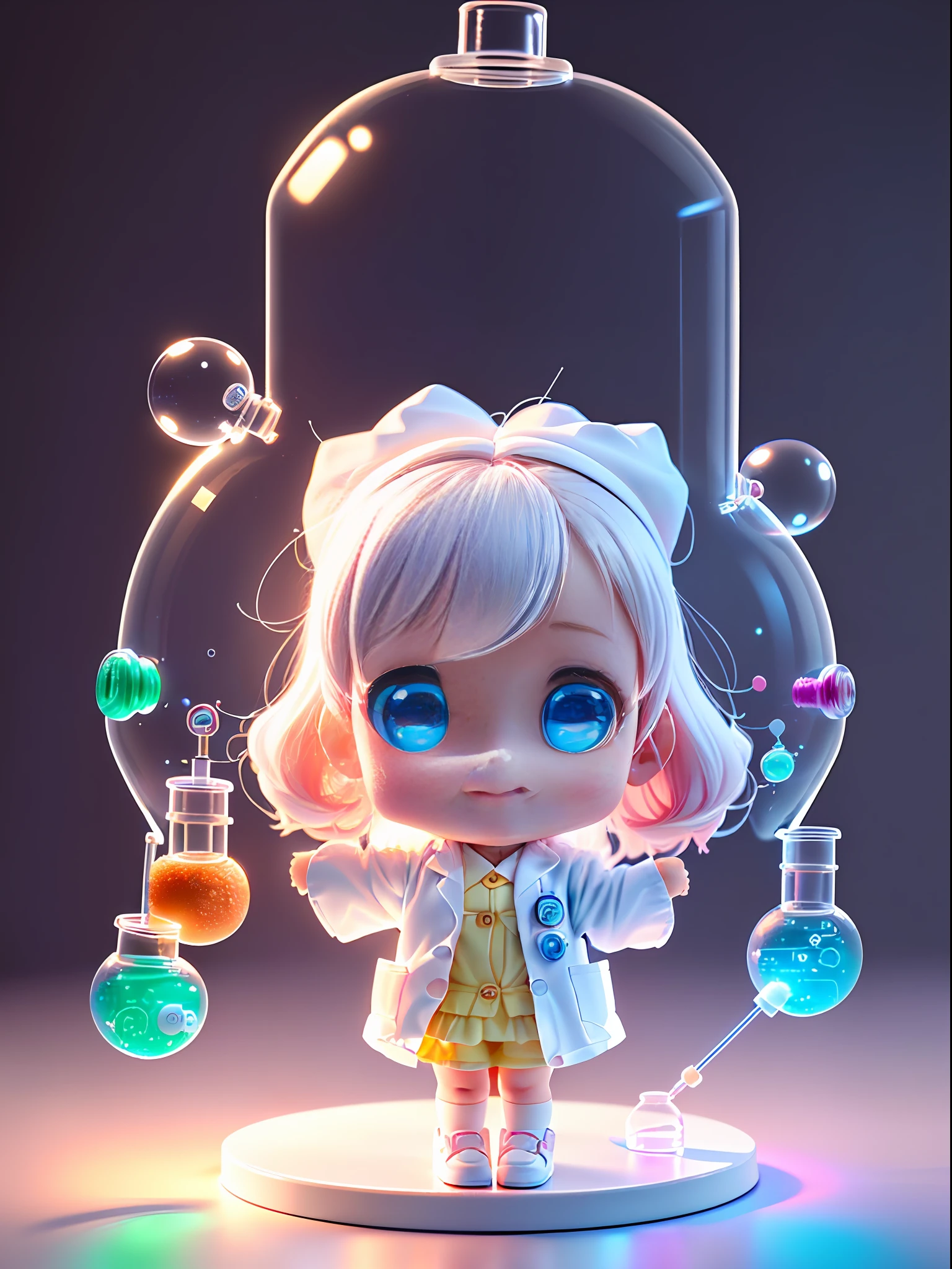 Super cute girl full body 3d drawing, 1 pc, good looking eyes, big eyes, cute, happy, c4d, pop matt blind box, glowing bubble, toy, solid color background, chibi, fluorescent translucency, luminescence, kawaii, doll, ((((scientist, white lab coat))), reference table, pop mart blind box, pixar, complex details, 3d rendering, blender, oc renderer, fol body reference sheet, dribble , High Details, 8K, Studio Lighting, Loli, Petite, , Chibi, SD characters: 1.1, Magic Lab background