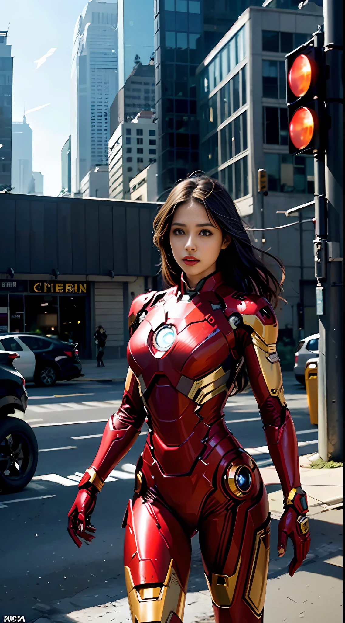 8k, realistic, attractive, highly detailed, a 20 year old girl a sexy and attractive woman inspired by Iron Man wearing a shiny Iron Man mech. She dresses with sensuality and confidence, perfectly interpreting Iron Man's strength and charisma. The abandoned warehouse serves as a backdrop, creating a unique atmosphere that highlights her bravery and perseverance. The tall buildings and buildings on the street exude the unique charm of cyberpunk, and the neon light outlines the outline of the city, which sets off the powerful strength and personality charm of Iron Man. This high-definition, high-quality picture will bring you stunning visual enjoyment, a perfect combination of sexy, futuristic and sci-fi elements. oc rendering, dramatic lighting, award winning quality