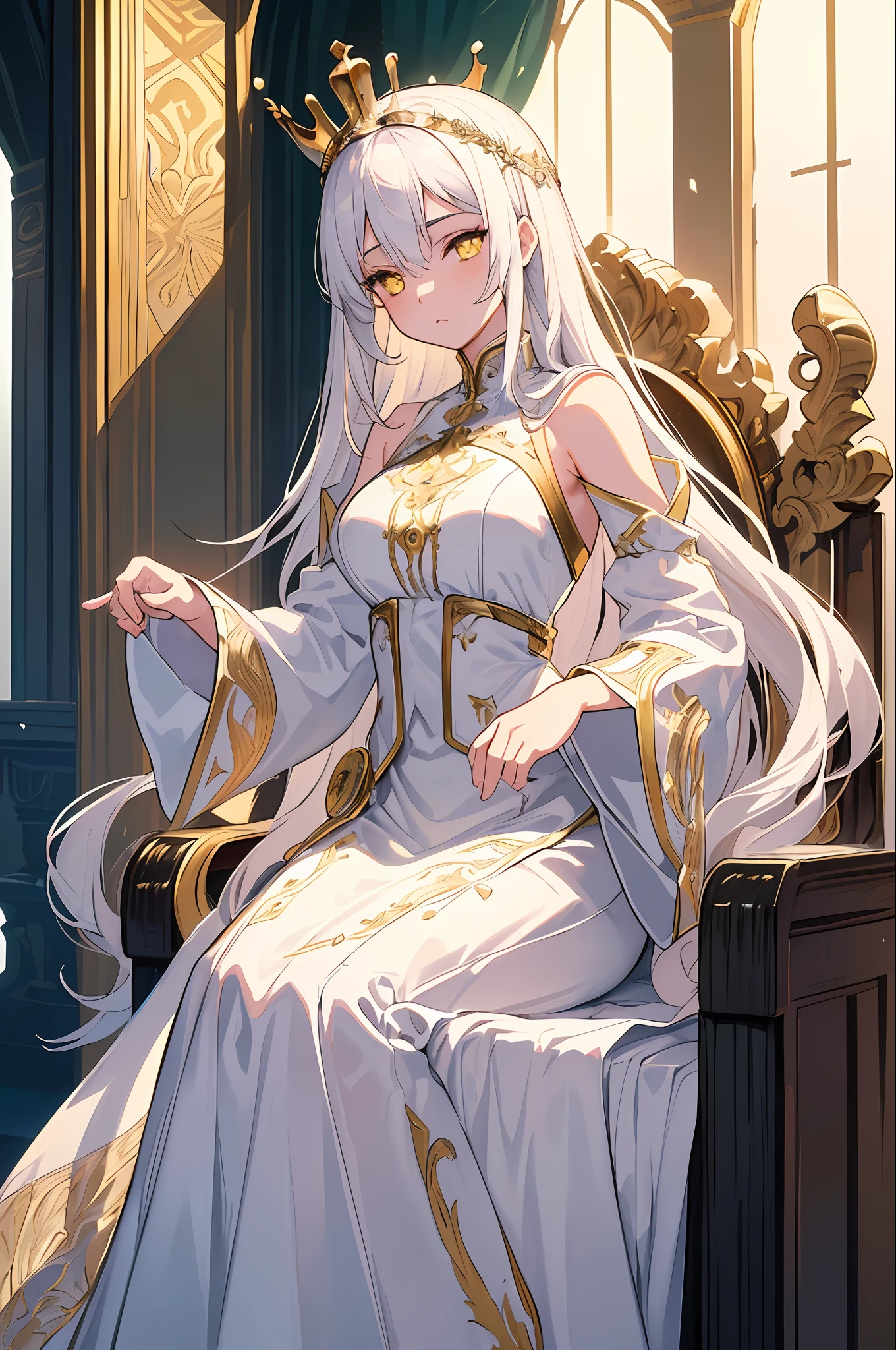 (Masterpiece:1.2), best quality, (illustration:1.2), (ultra-detailed), hyper details, (delicate detailed), (intricate details), (cinematic light, best quality Backlights), clear line, from below, soloist, perfect body, (1girl), white hair and yellow eyes, (emperor, black see-through clothes), (crown: 1.1), sitting on the throne, eyes slightly closed, head down, (shy: 1.2 ), (makeup), high contrast, (best illumination, an extremely create and beautiful), (cinematic light), colorful,