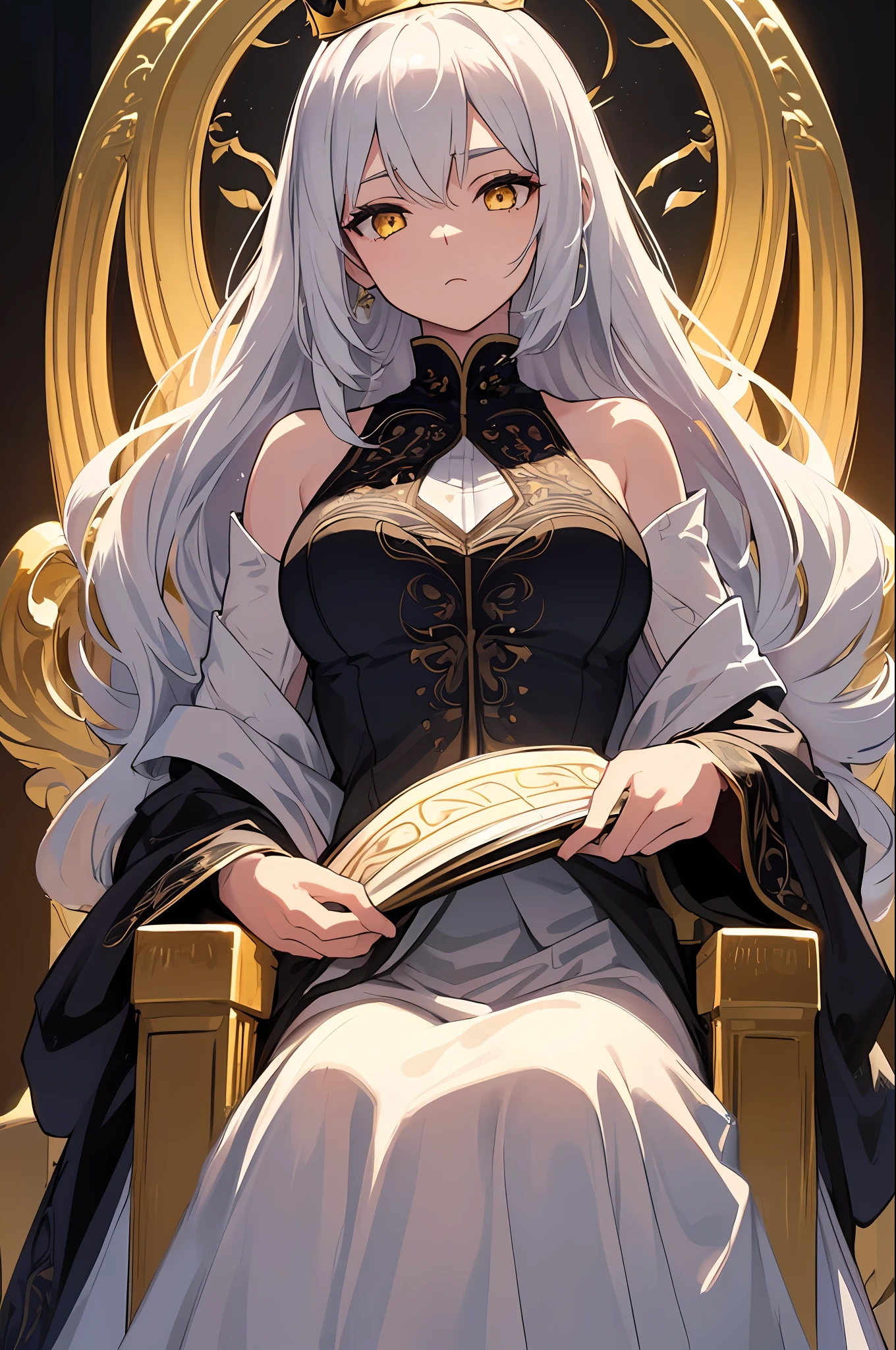 (Masterpiece:1.2), best quality, (illustration:1.2), (ultra-detailed), hyper details, (delicate detailed), (intricate details), (cinematic light, best quality Backlights), clear line, from below, soloist, perfect body, (1girl), white hair and yellow eyes, (emperor, black see-through clothes), (crown: 1.1), sitting on the throne, eyes slightly closed, head down, (shy: 1.2 ), (makeup), high contrast, (best illumination, an extremely create and beautiful), (cinematic light), colorful,