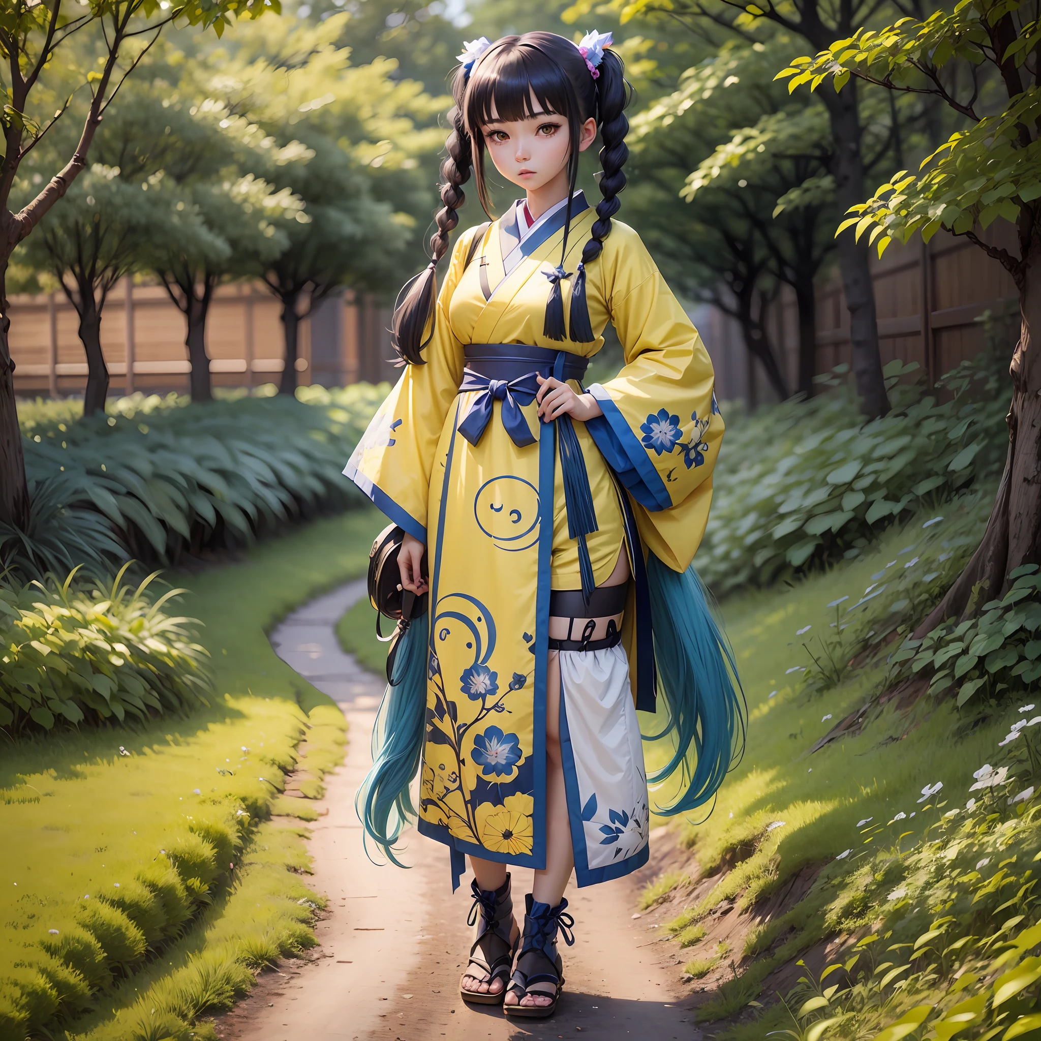 blue haire,tachie,twintails,girl,bangs,lash grazing bangs/fringe,japan animation style,expressionless,full body,yellow eyes --auto --s2
