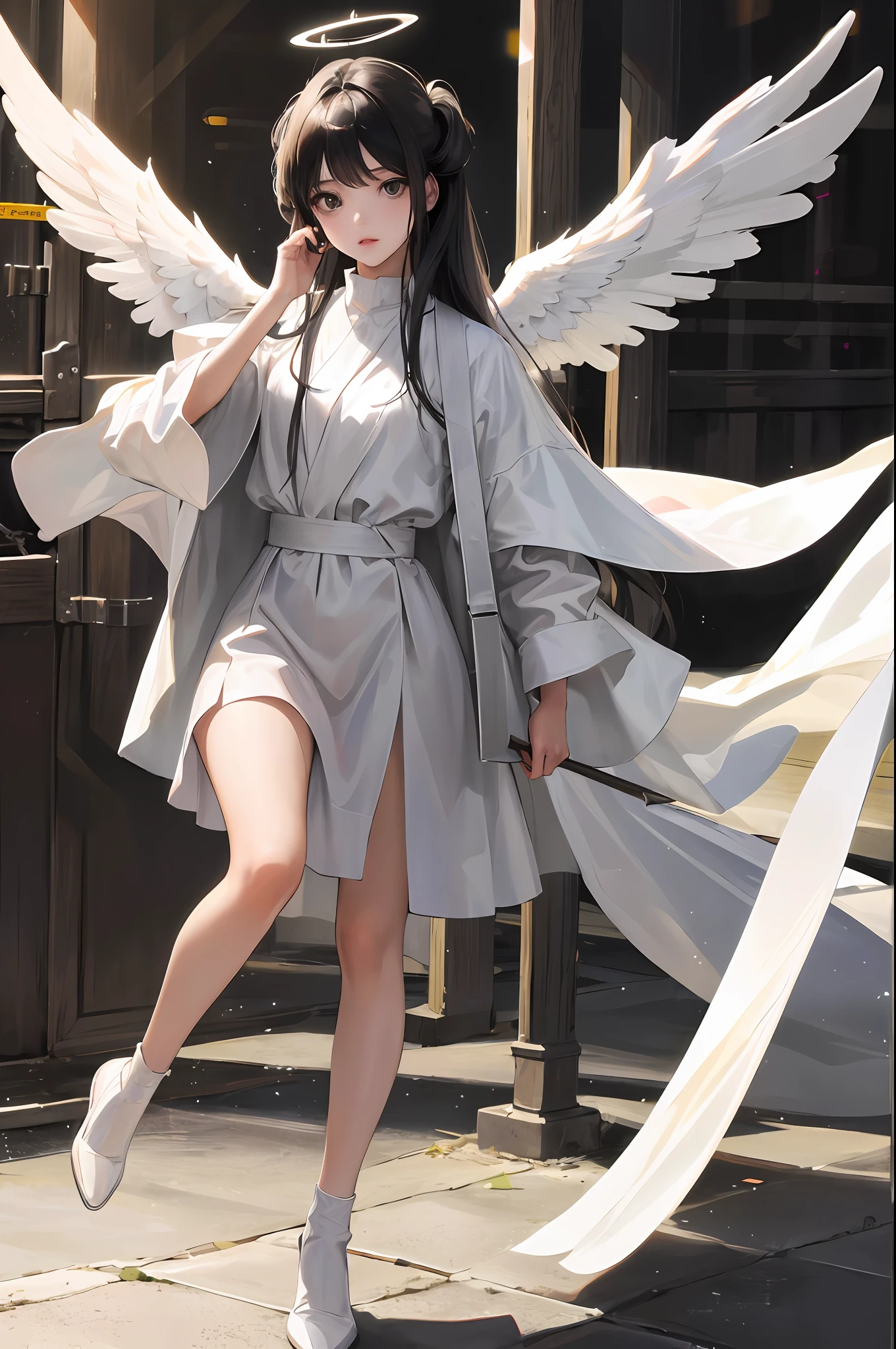 Photorealistic, (hyperrealistic: 1.2), masterpiece, best quality, 1girl, black hair, angel, innocent, black eyes, crown, angel wings, white clothes, full body, sky, halo, post apocalypse,