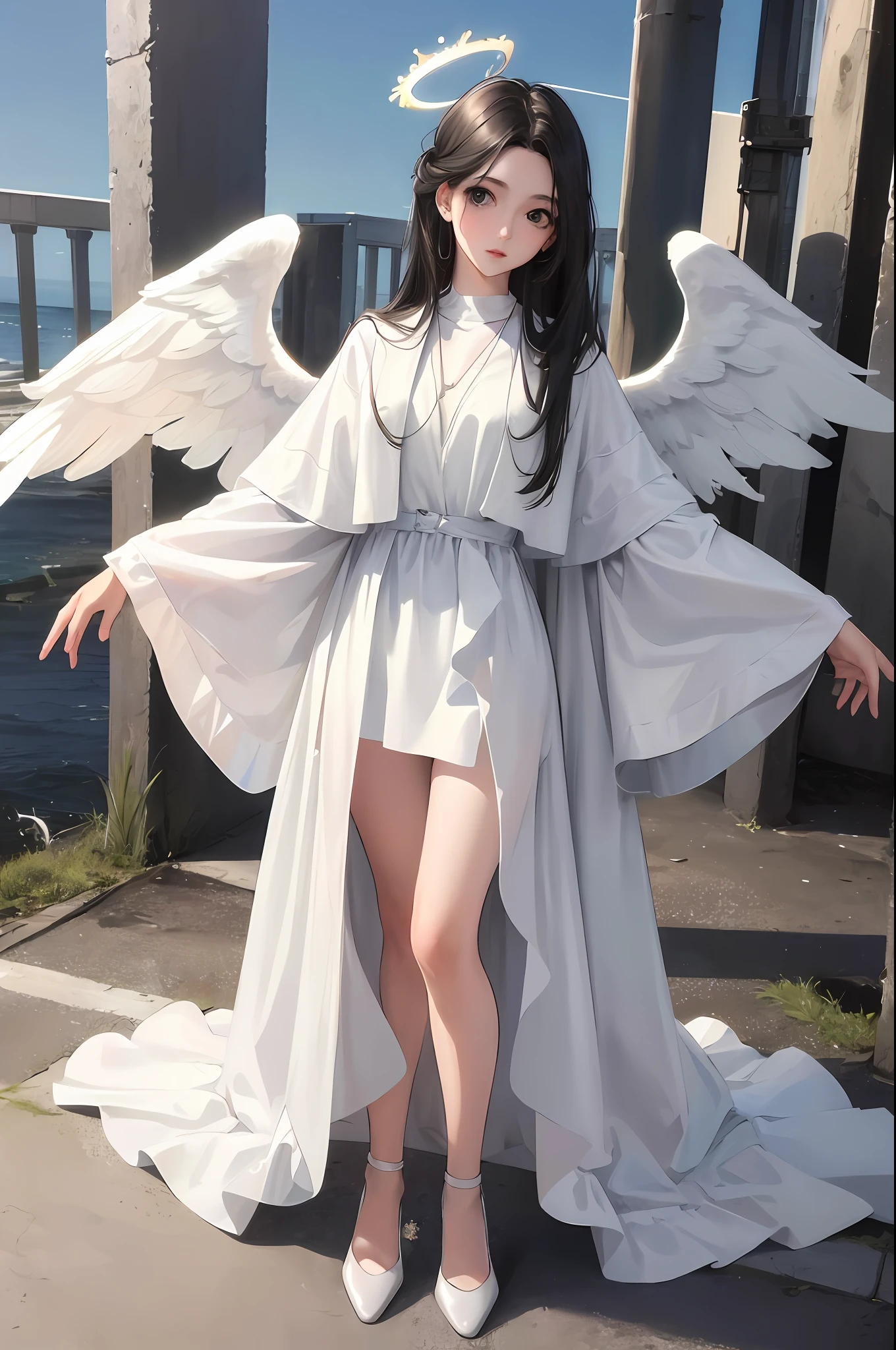 Photorealistic, (hyperrealistic: 1.2), masterpiece, best quality, 1girl, black hair, angel, innocent, black eyes, crown, angel wings, white clothes, full body, sky, halo, post apocalypse,