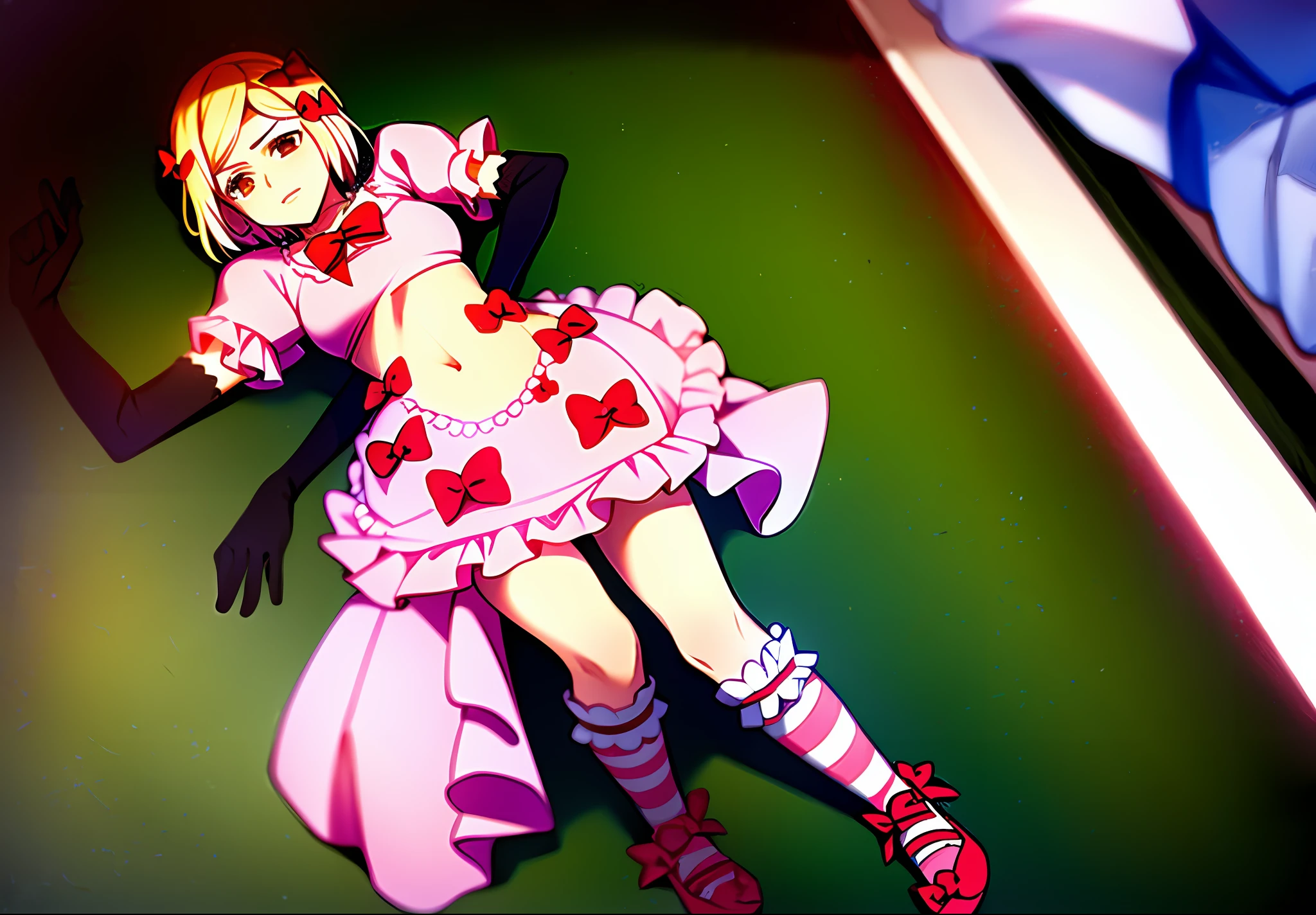 1girl, lambdadelta, pink dress, kneehighs, striped legwear, red shoes, shoe bow, red bows, blond hair, short hair, brown eyes, elbow black gloves, top-down bottom-up,  best quality: 1.5, masterpiece, perfect figure, delicate hands, HDR, detailed body, extremely detailed, higres, beautiful girl, Summer, grass, a few small flowers, large clouds, blue sky, hot weather, perfect body, wet skin, navel, sexy, beautiful waist, desirable, small breasts, shy