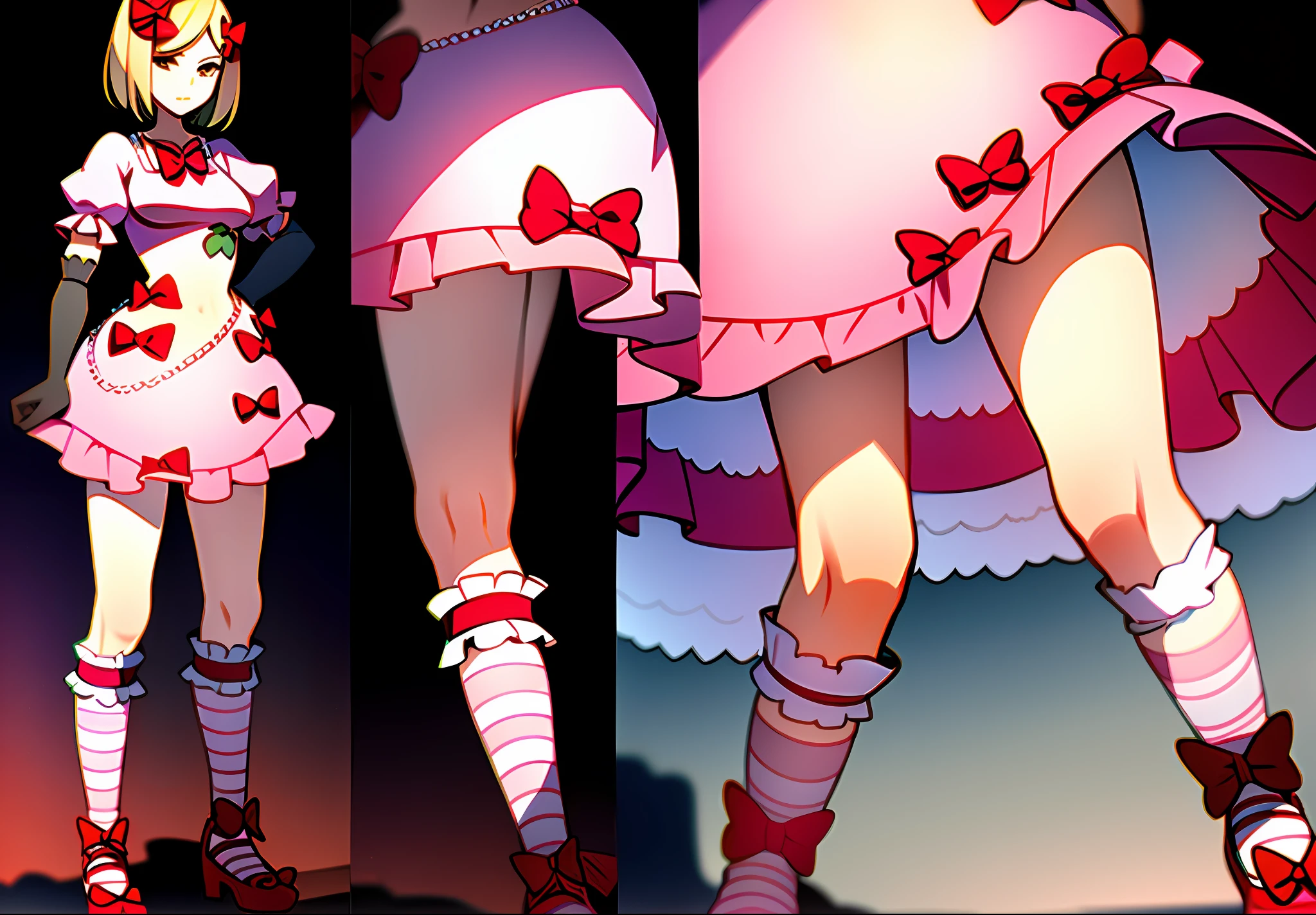 1girl, lambdadelta, pink dress, kneehighs, striped legwear, red shoes, shoe bow, red bows, blond hair, short hair, brown eyes, elbow black gloves, top-down bottom-up, best quality: 1.5, masterpiece, perfect figure, delicate hands, HDR, detailed body, extremely detailed, higres, beautiful girl, Summer, grass, a few small flowers, large clouds, blue sky, hot weather, perfect body, wet skin, navel, sexy, beautiful waist, desirable, small breasts, shy