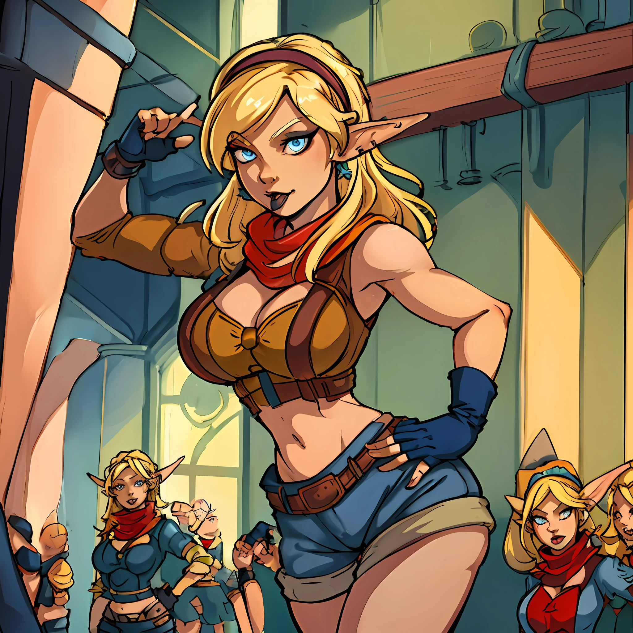 Tess, blonde, blue eyes, pointed ears, makeup, room, solo, hands on hips, front shot, front view, ((open legs)), (tongue sticking out)
TeAti, gloves, belly, fingerless gloves, boots, red scarf,
(Crazy details, beautiful detail face, masterpiece, best quality)