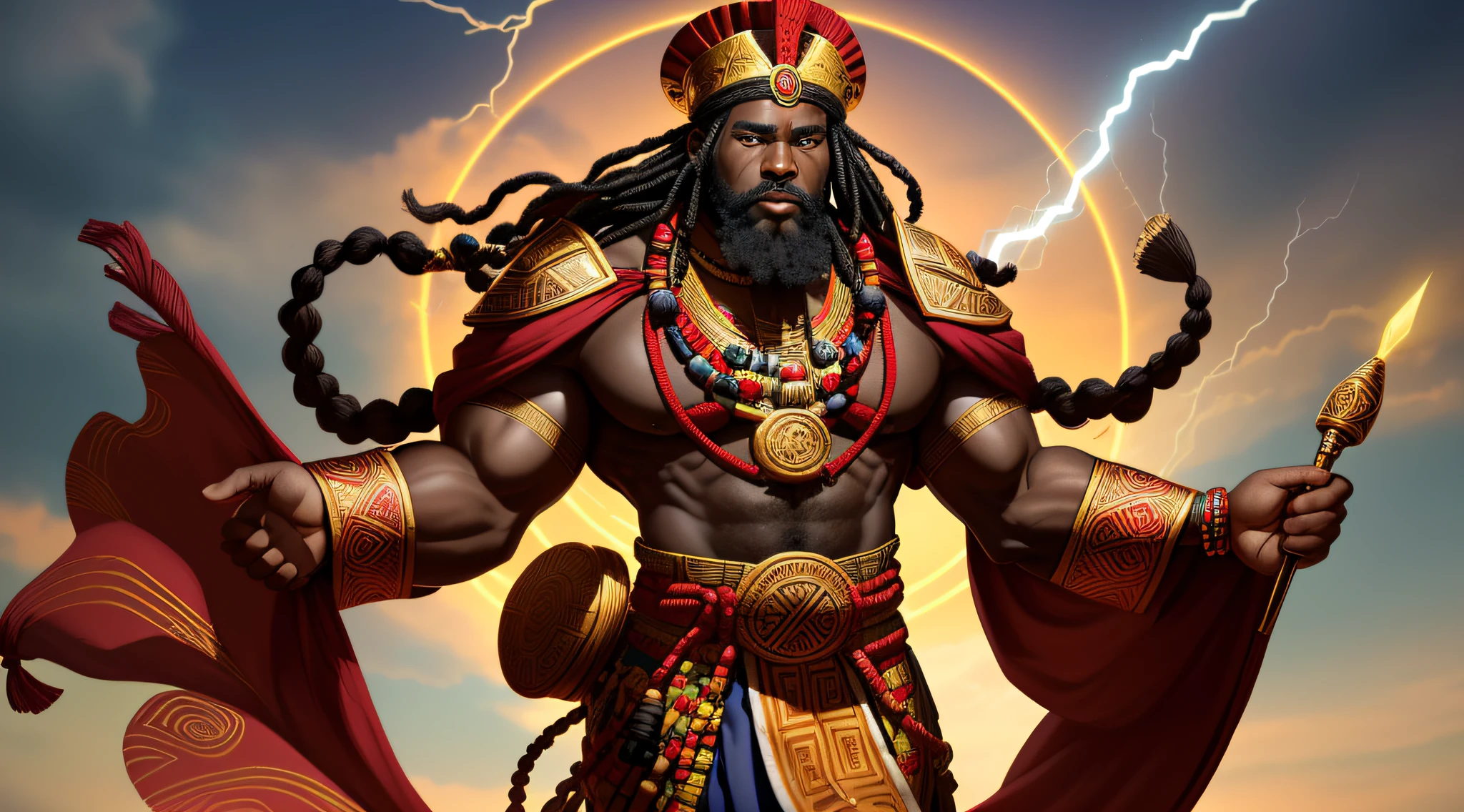 Create an image of the African Yoruba Orisha deity Xango, a black man of approximately 40 years old, very strong and robust with a bushy beard and long braided hair, (((full body image))). he wears a tunic worthy of an African king in red and white fabric with embroidery, he wears necklaces and bracelets of African royalty in addition to a crown, he always has a double ax in his hand that is considered his symbol of power. ultra defined. He must be standing looking straight ahead with a thoughtful expression. In the background of the image there should be a plain and a slightly dark sky with some lightning and thunder