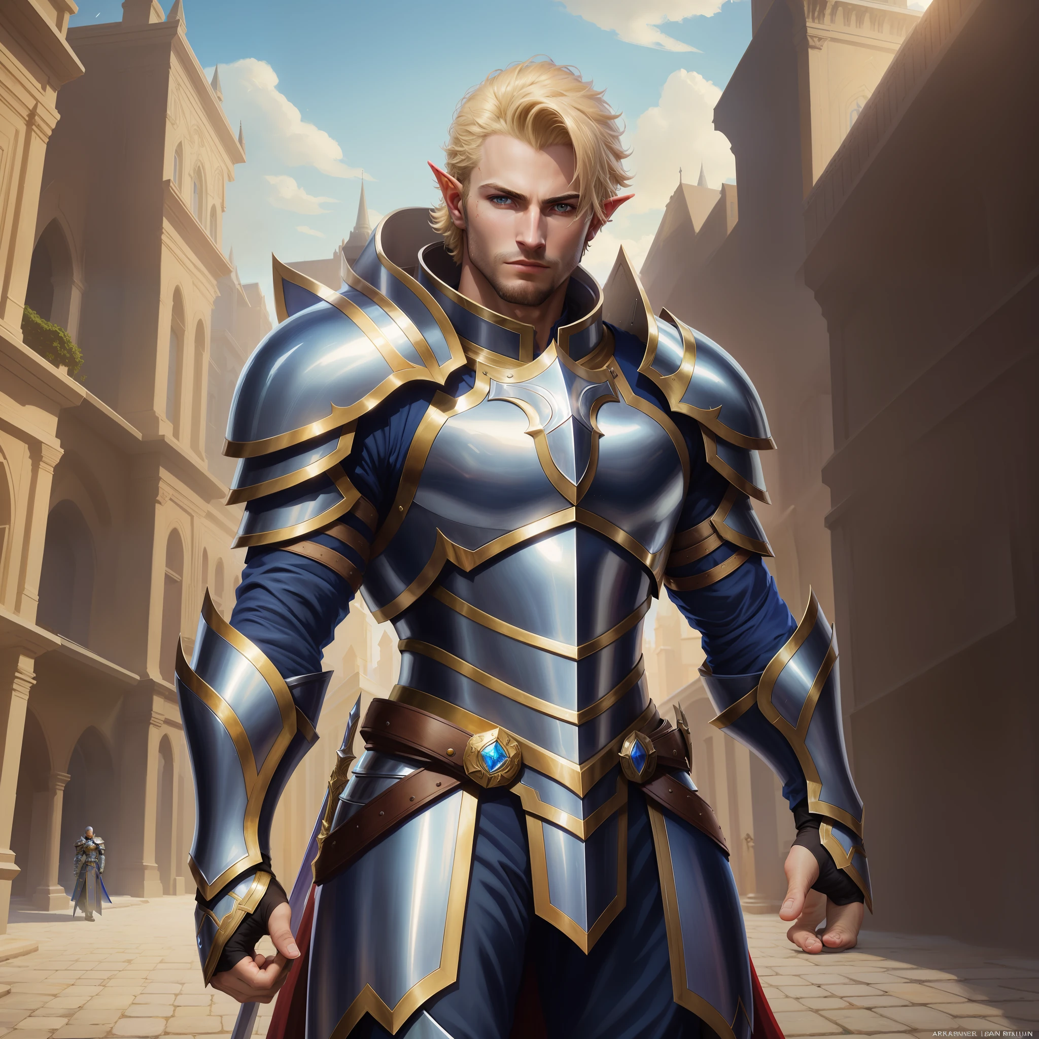 Arafed male in armor standing on a city street, male paladin, a hairless bald human male paladin, fancy paladin, Arsen Lupin as a paladin, full portrait of magic knight, attractive flesh male with armor, attractive male with armor, blond male elf ranger, strong fantasy knight, fantasy male portrait, image of a male cleric