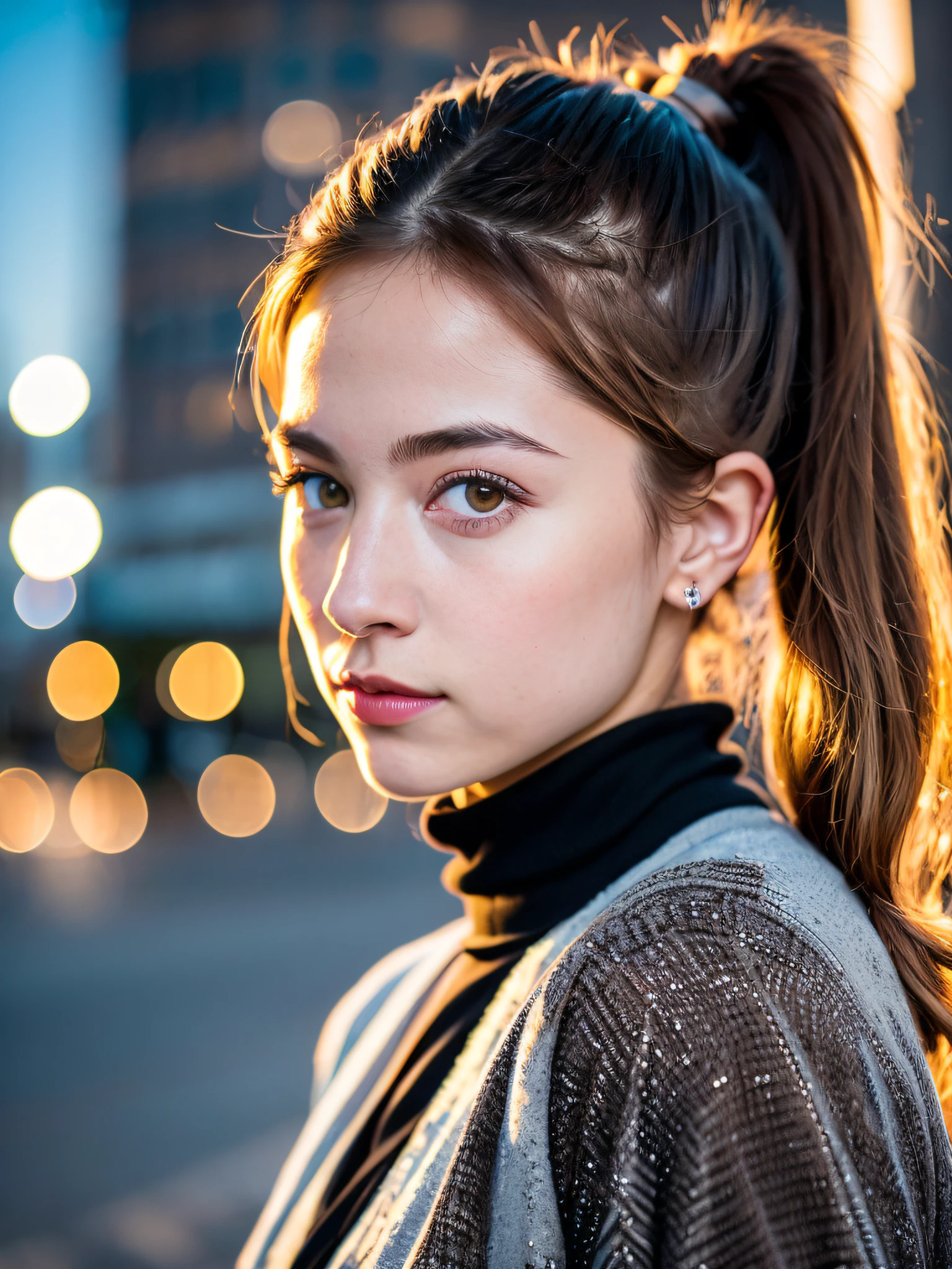 Portrait photo of young European girl (lol: 0.7), posing, looking at camera, ponytail hair, complex city background, backlit, (cinematic: 1.5), epic realistic, super detail, insane detail, intricate detail, accent lighting, soft volume light, bokeh, (dramatic light: 1.2), ( Neutral color: 1.3), Cross process