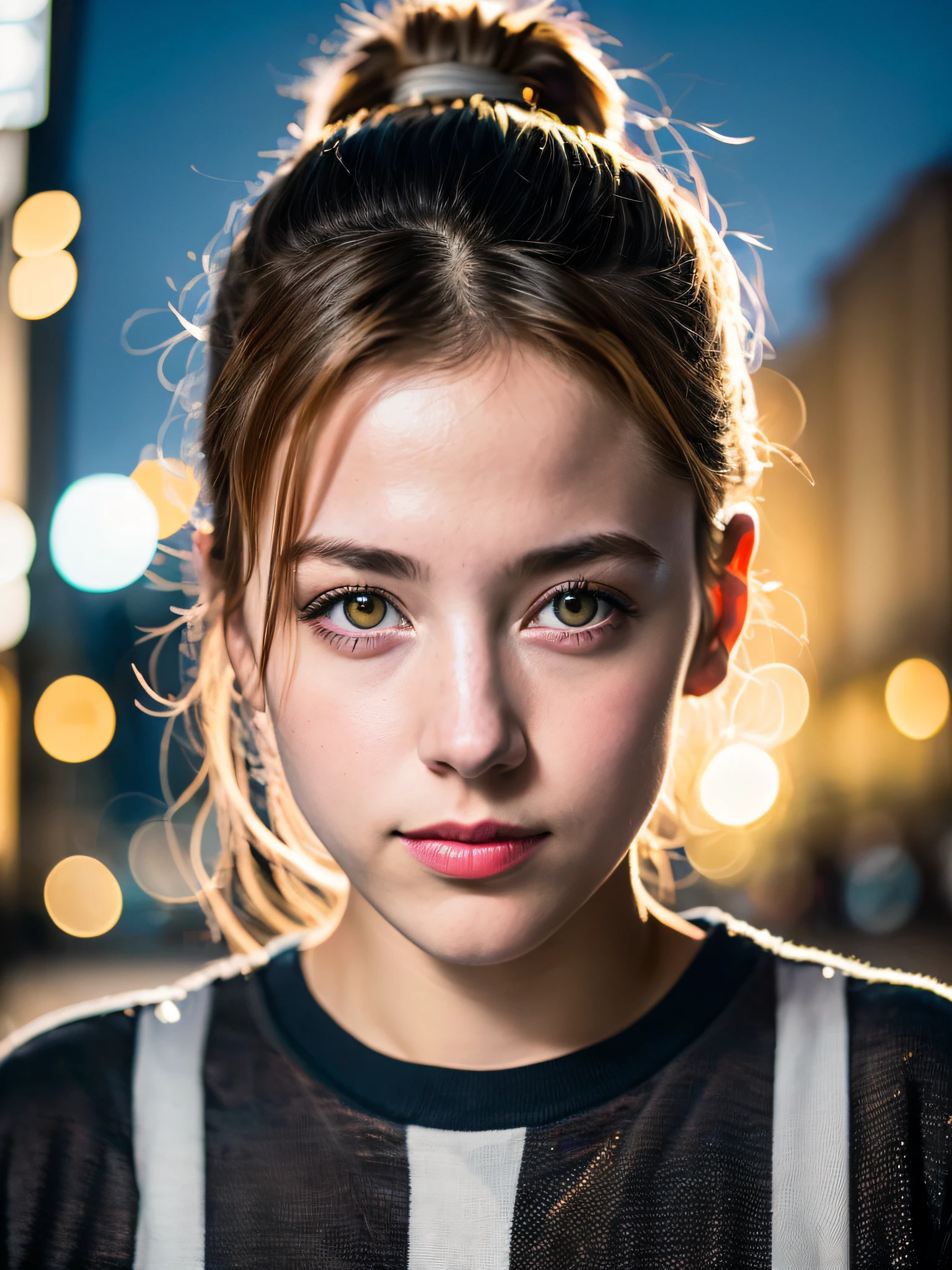 Portrait photo of young European girl (lol: 0.7), posing, looking at camera, ponytail hair, complex city background, backlit, (cinematic: 1.5), epic realistic, super detail, insane detail, intricate detail, accent lighting, soft volume light, bokeh, (dramatic light: 1.2), ( Neutral color: 1.3), Cross process