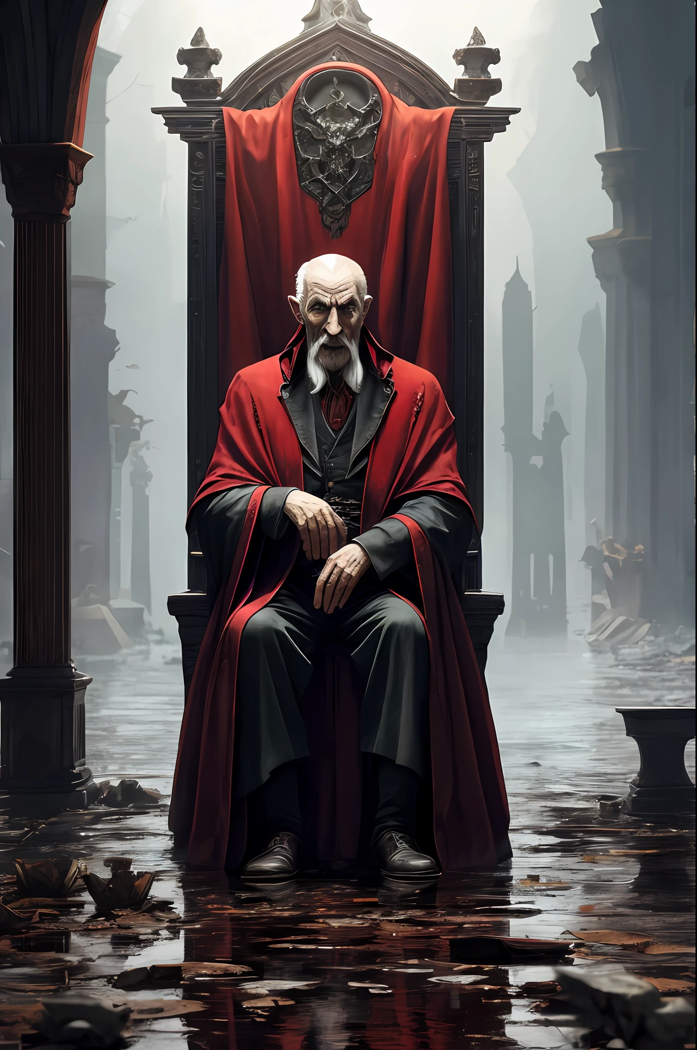 an old Dracula with cloak, fangs exposed, sitting on the throne in the heart of a decaying city, throne is A very humid place full of puddles and leaks, background in focus, natural lighting, looking_at_viewer, solo, highly detailed 8k