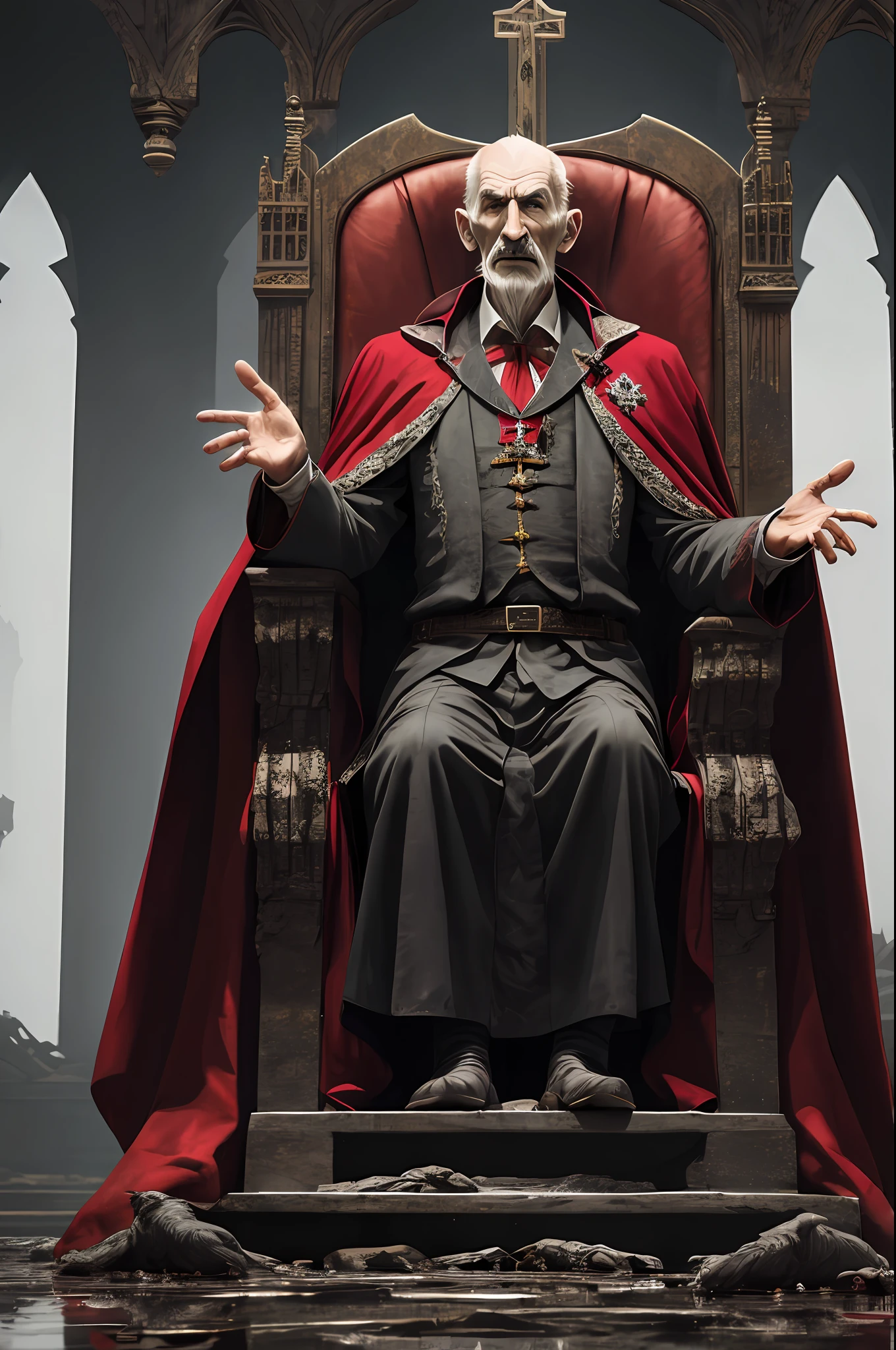 an old Dracula with cloak, fangs exposed, sitting on the throne in the heart of a decaying city, throne is A very humid place full of puddles and leaks, background in focus, natural lighting, looking_at_viewer, solo, highly detailed 8k