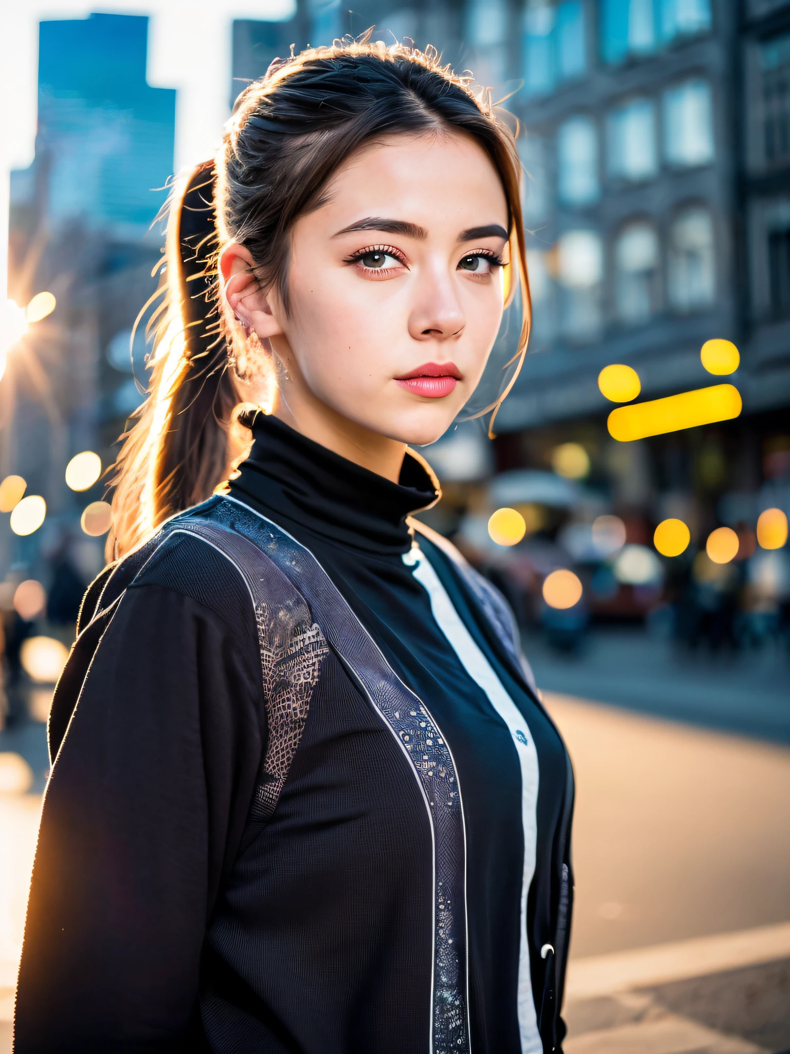 Portrait photo of young European girl (lol: 0.7), posing, looking at camera, ponytail hair, complex city background, backlit, (cinematic: 1.5), epic realistic, super detail, insane detail, intricate detail, accent lighting, soft volume light, bokeh, (dramatic light: 1.2), ( Neutral color: 1.3), Cross process