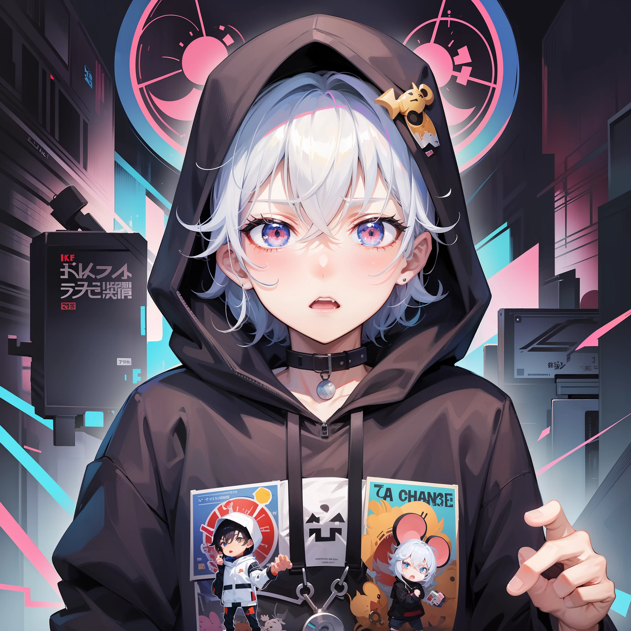 Boy in hoodie, index finger to mouth, facing camera, upper body, rat sticker, key anime art, projectile on broken digital art, anime art wallpaper 8K, anime style 4K, badass anime 8K