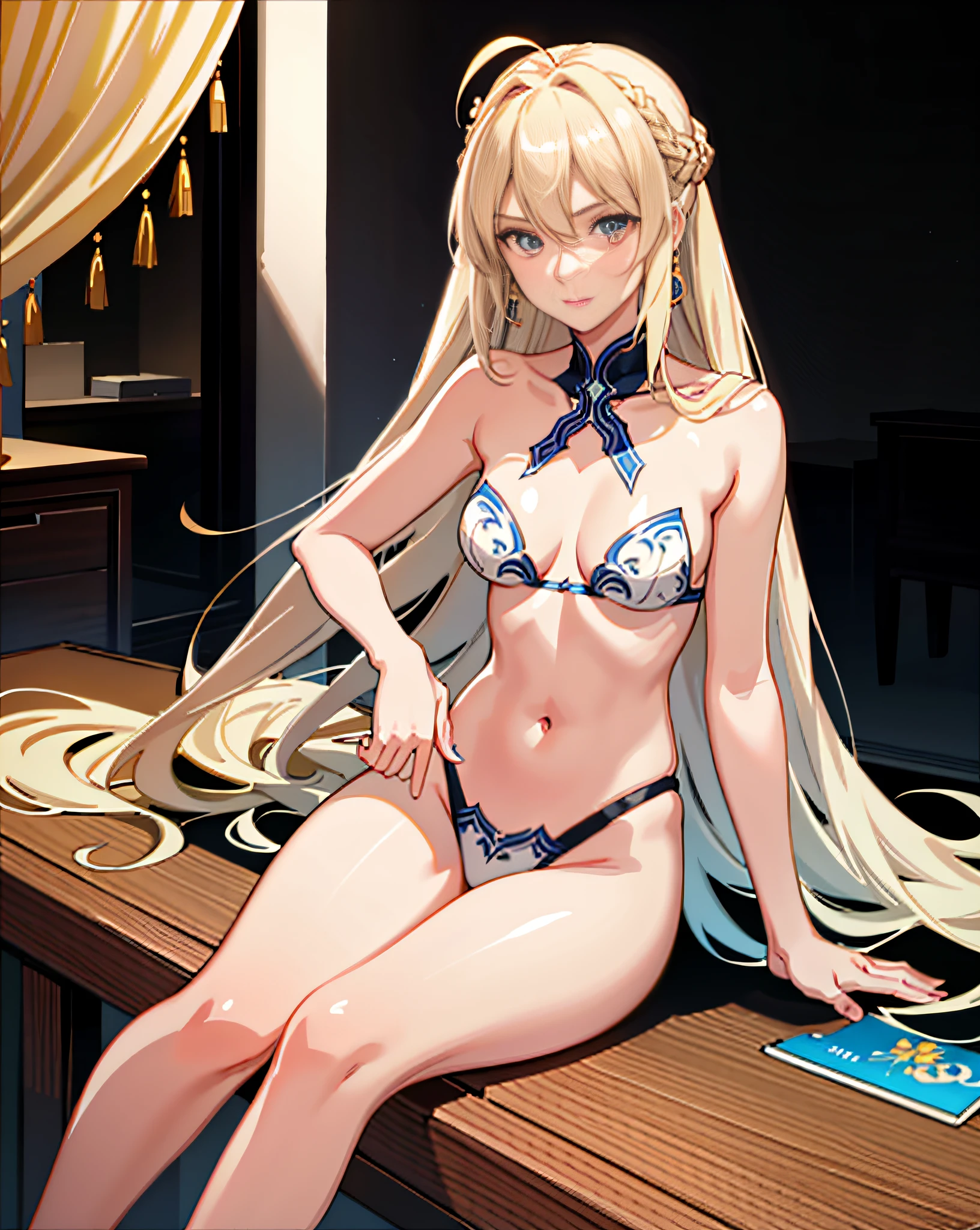 Artoria Pendragon Alter Fate,Fate/Grand Order, Golden eyes, Blonde hair, Horsetail, Around 20 years old, Thin body, Change the fate of Altria Pendragon,Fate / Grand Order, Golden eyes, Blonde hair, Horsetail, Strapless bikini, Around 20 years old, Thin body,, (Small breasts: 1.5), Chest: 1.0),

underboob, cleavage, very beautiful detailed anime face and eyes, depth field, fine detail, full_body, look_up_to, lipstick, sitting, beautiful detailed full body, girl, woman, woman, young, 20 years old, long hair, inverted hair, asymmetrical bangs, hair between the eyes, hair on the shoulders, undercut, light brown hair, shiny hair, ahoge, delicate face line blush stickers, nice big eyes, closed_mouth, bare_shoulders, nails, medium_breasts, navel, , brown eyes, white skin, beautiful accessories, earrings, choker, side tie_bikini_bottom, beautiful bare back, high_heels, skin dentation, cleavage_cutout, bare_legs, red clothes, blue_sky, beach, blue_sky, beautiful detailed shadows, cover, highly detailed CG8k wallpaper, highly detailed CG Unity 8k, wallpaper 8kCG,