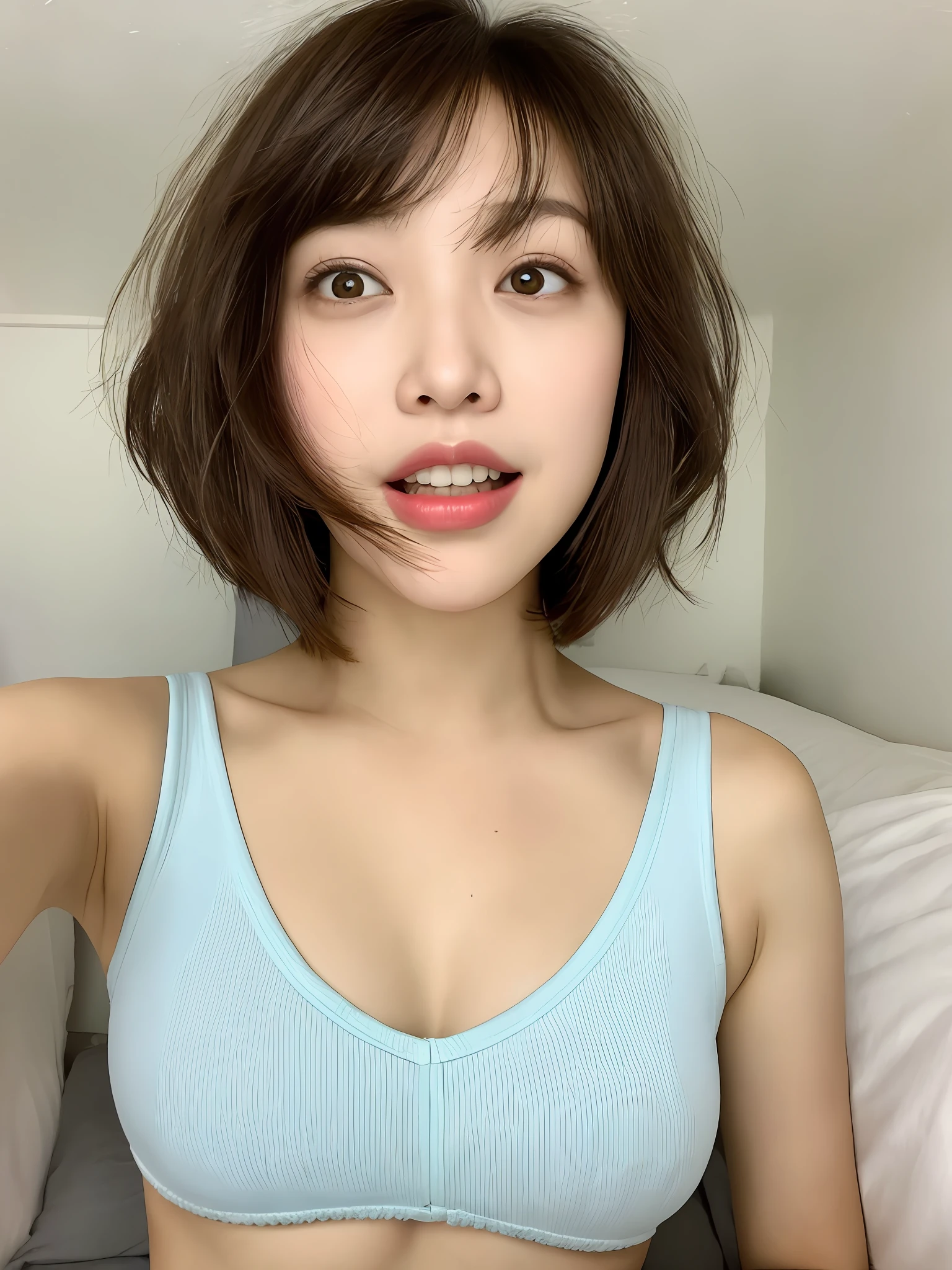 Cute portrait of 35 years old with a perfect face, bed, underwear, bob cut, big teeth, small, flabby belly, hanging eyes, sexy face,