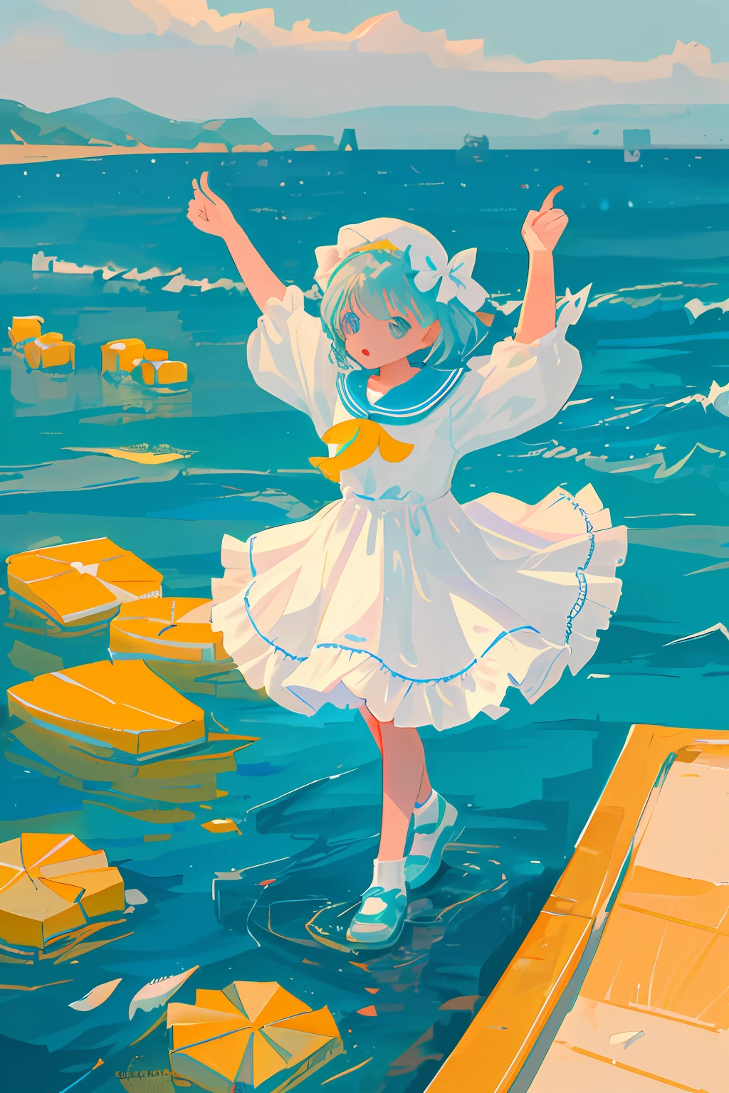 There is a little girl dancing on the surface of the sea