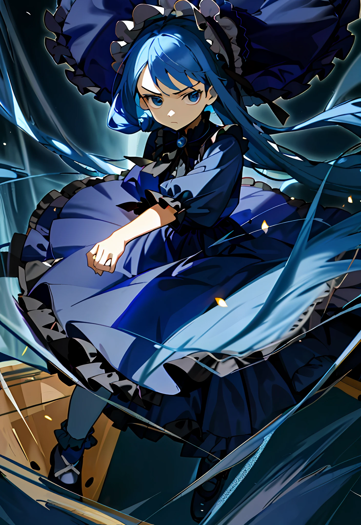 (masterpiece, best quality, illustration), 1 little girl, face focus, long blue hair, half updo, expressionless face, glaring, long navy blue Lolita style dress, bonnet hat, full body, fighting motion pose, loli, smooth light