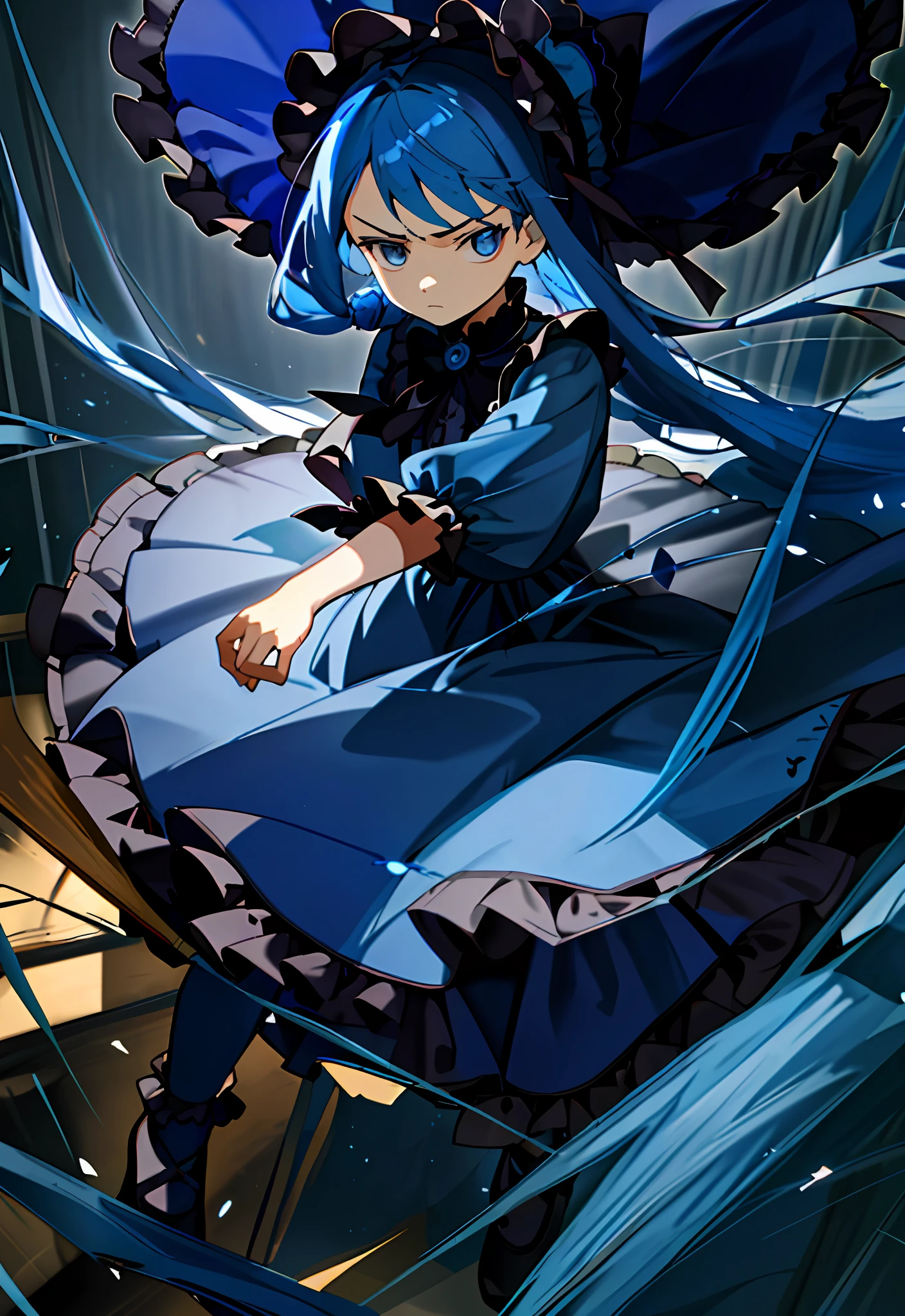 (masterpiece, best quality, illustration), 1 little girl, face focus, long blue hair, half updo, expressionless face, glaring, long navy blue Lolita style dress, bonnet hat, full body, fighting motion pose, loli, smooth light
