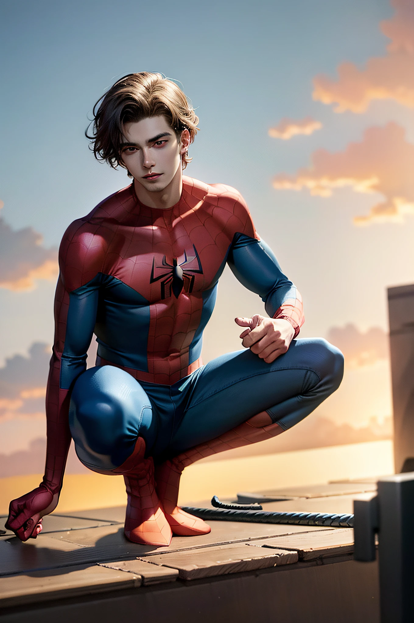 (masterpiece, best quality:1.2), solo, male focus, 1boy, expressionless, looking at viewer, squatting, short hair, (streaked hair:1.1), red eyes, spider suit, spider web print, spider web, rooftop