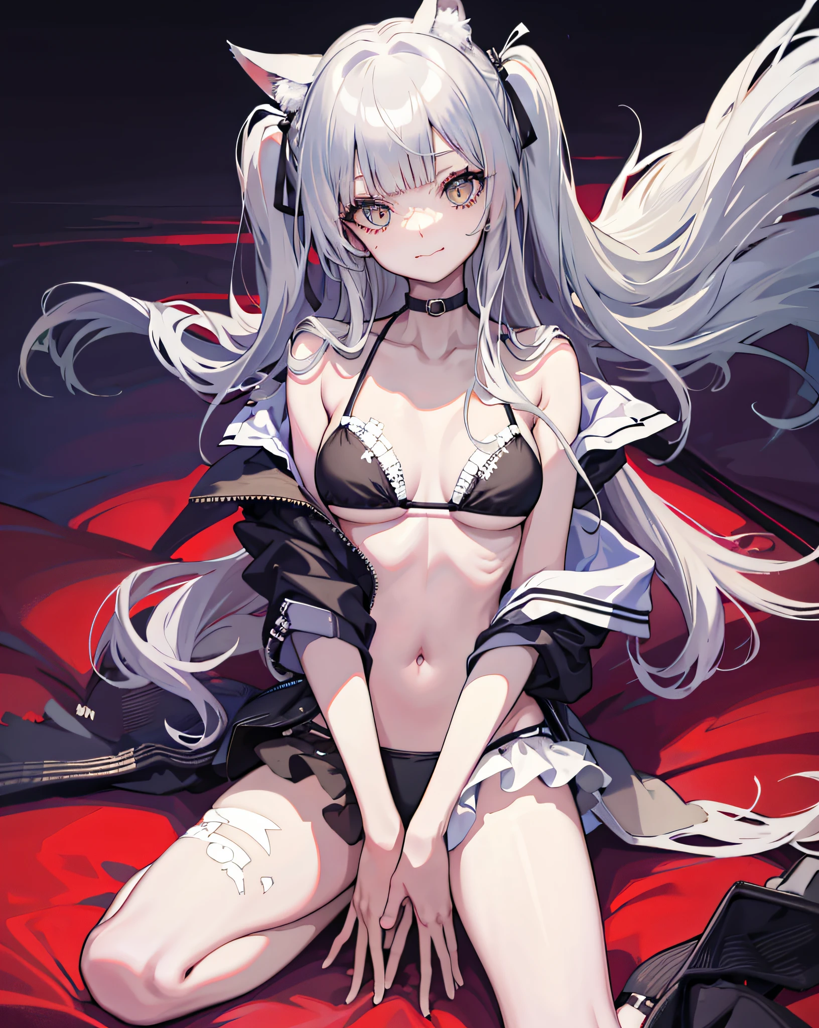 Cat-eared girl, solo, big, closed mouth, long_hair, light smile, sea, silver hair, , , stitched_face, patchwork_skin, cowboy shot, (black bikini), (wariza), (V arm: 1.3), (hands between legs: 1.4),