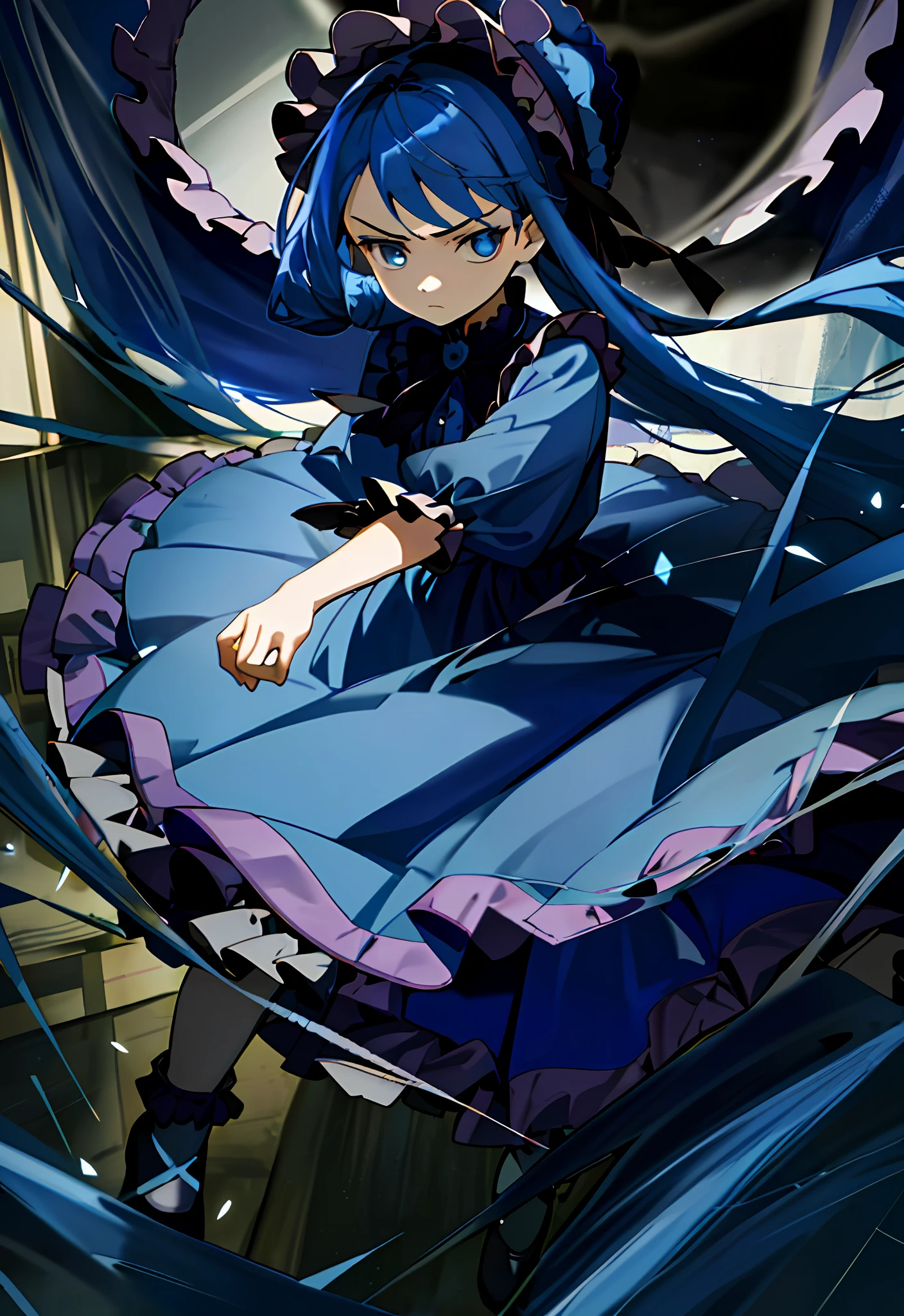 (masterpiece, best quality, illustration), 1 little girl, face focus, long blue hair, half updo, expressionless face, glaring, long navy blue Lolita style dress, bonnet hat, full body, fighting motion pose, loli, smooth light