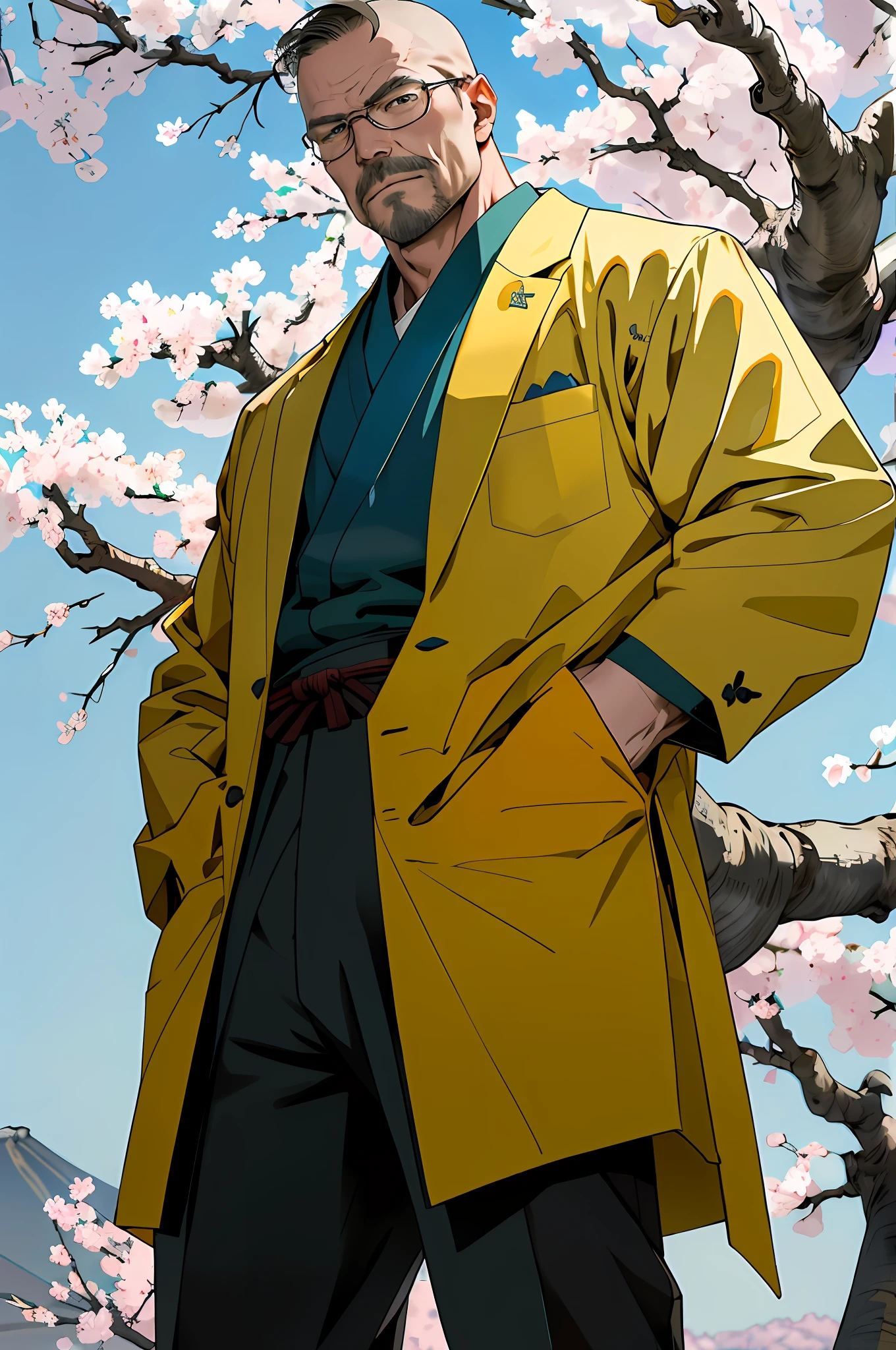 Walter White in ancient Japan, ((hands in pockets)), yellow suit, digital art, sakura on background, hyper detailed, masterpiece, ultra high res,detailed background,realistic,hadesstyle,solo,male,mature,bara,muscular,mature male