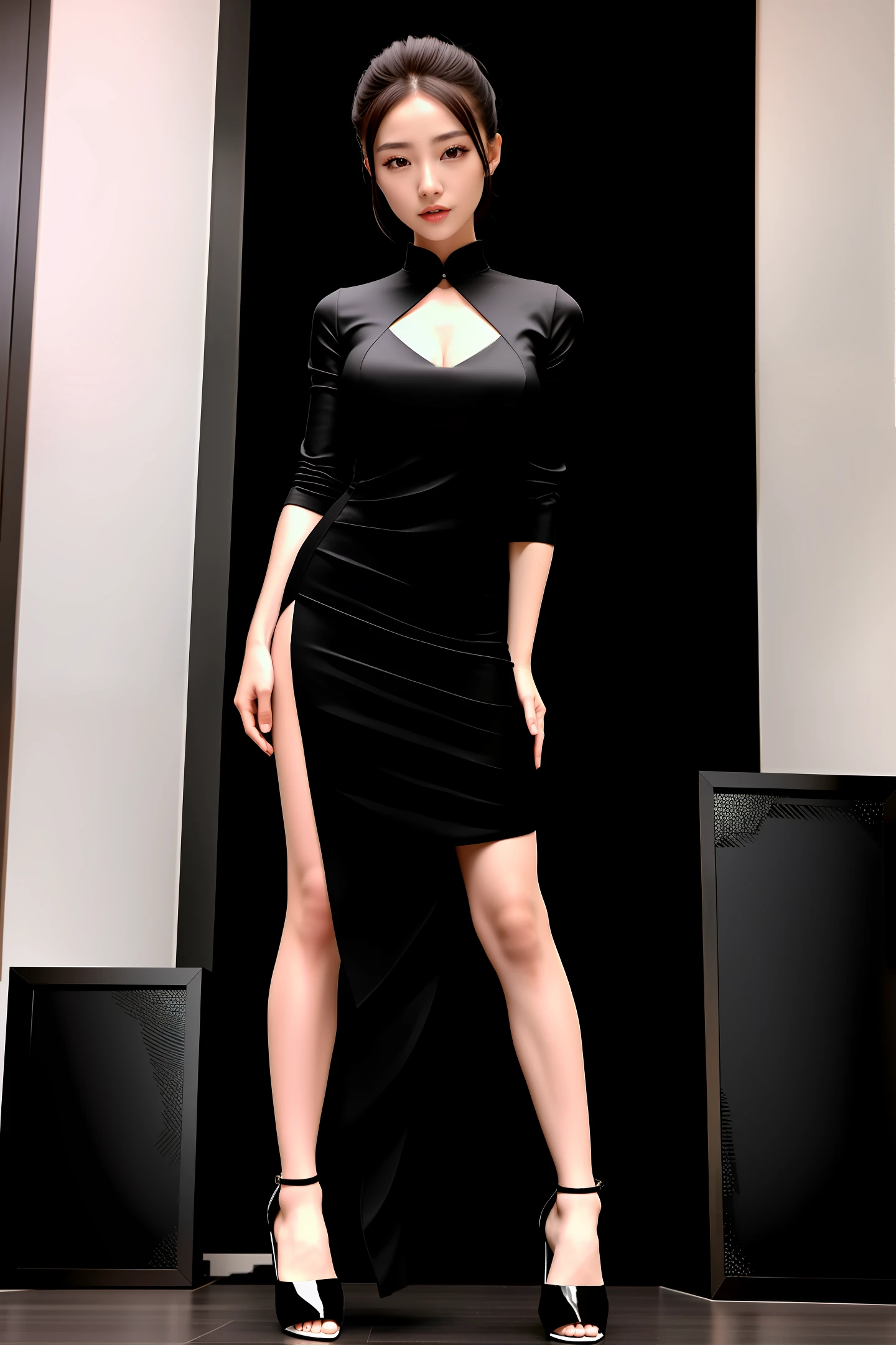 arafed woman in a black dress posing in a living room, sexy dress, gorgeous young korean woman, sexy pose, she is dancing. realistic, she is wearing a black dress, attractive pose, sensual dancing, wearing a tight black dress, beautiful south korean woman, very sexy outfit, gorgeous chinese model, korean girl, full body xianxia, she is dancing