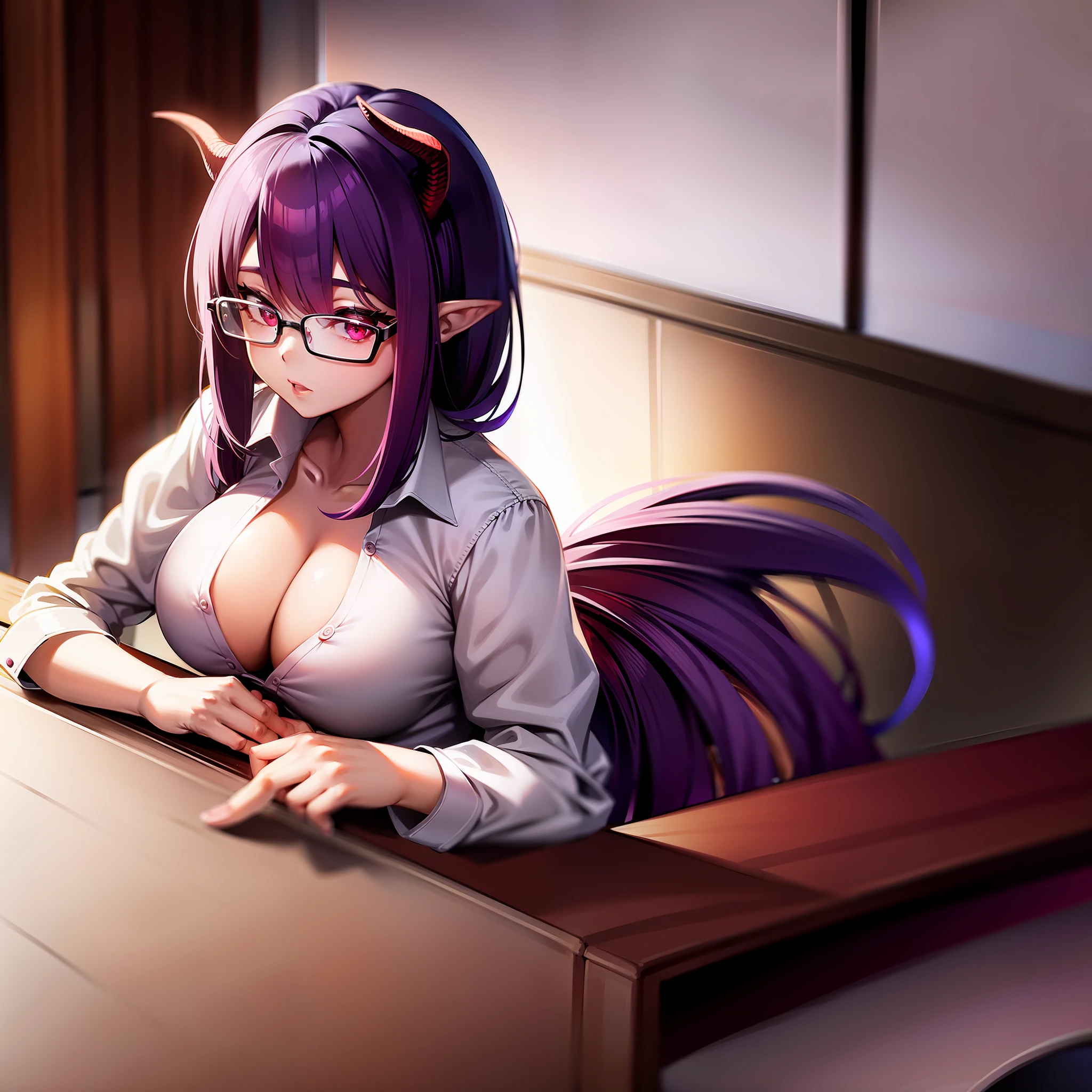 purple hair, (best quality, masterpiece), sitting down, looking at viewer, hands on table, table in front, office background, 1woman, cleavage, mini skirt, white shirt, big breasts, big thighs, dark skin, glasses, short, dark skin, solo,, standing, scales, dark red dragon horns, dark red dragon tail, subtle paterns of bright shades of purple along his limbs and tail, red eyes