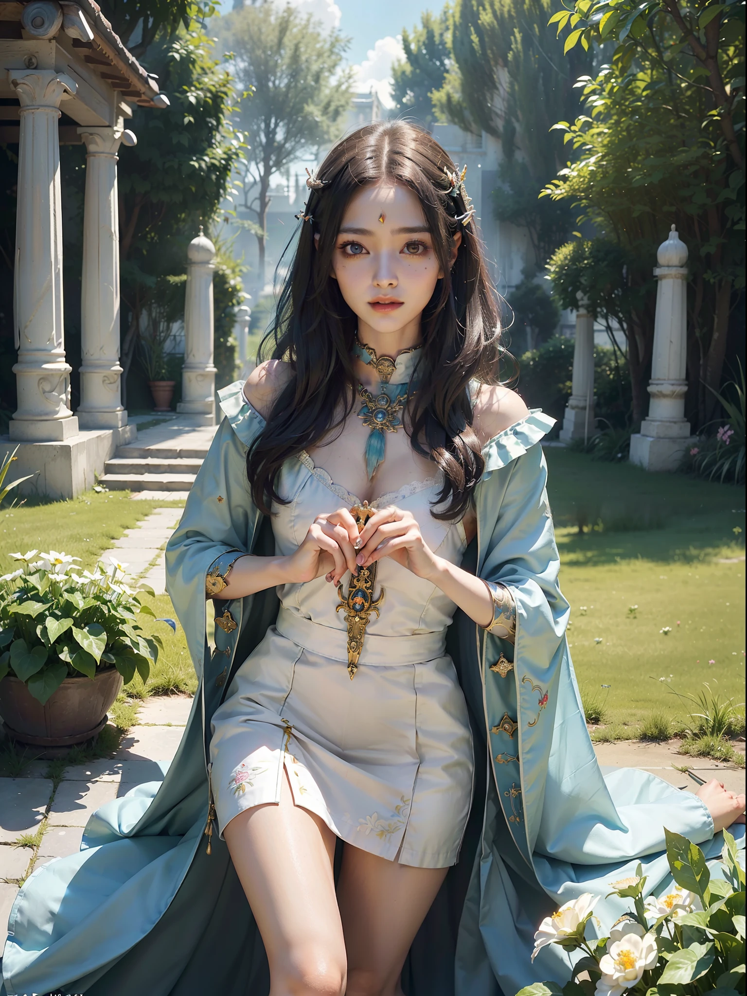 1 girl, goblin killer, mature, petite, healing smile, long knee hair (((priestess)), (masterpiece, top quality, best quality, official art, beauty and aesthetics:1.2), extreme detail, colorful, highest detail ((super detailed)), (highly detailed CG illustration), ((extremely delicate and beautiful)), cinematic light, garden, outdoors