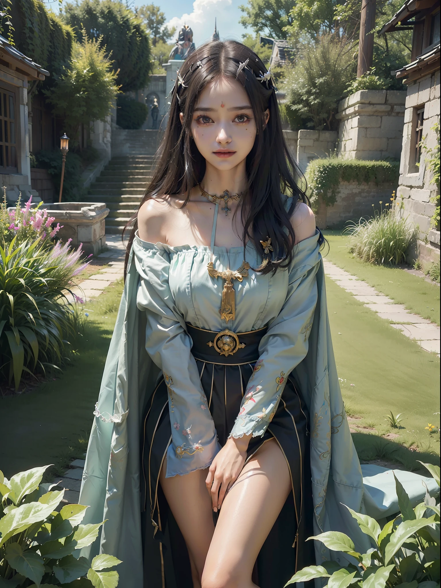 1 girl, goblin killer, mature, petite, healing smile, long knee hair (((priestess)), (masterpiece, top quality, best quality, official art, beauty and aesthetics:1.2), extreme detail, colorful, highest detail ((super detailed)), (highly detailed CG illustration), ((extremely delicate and beautiful)), cinematic light, garden, outdoors