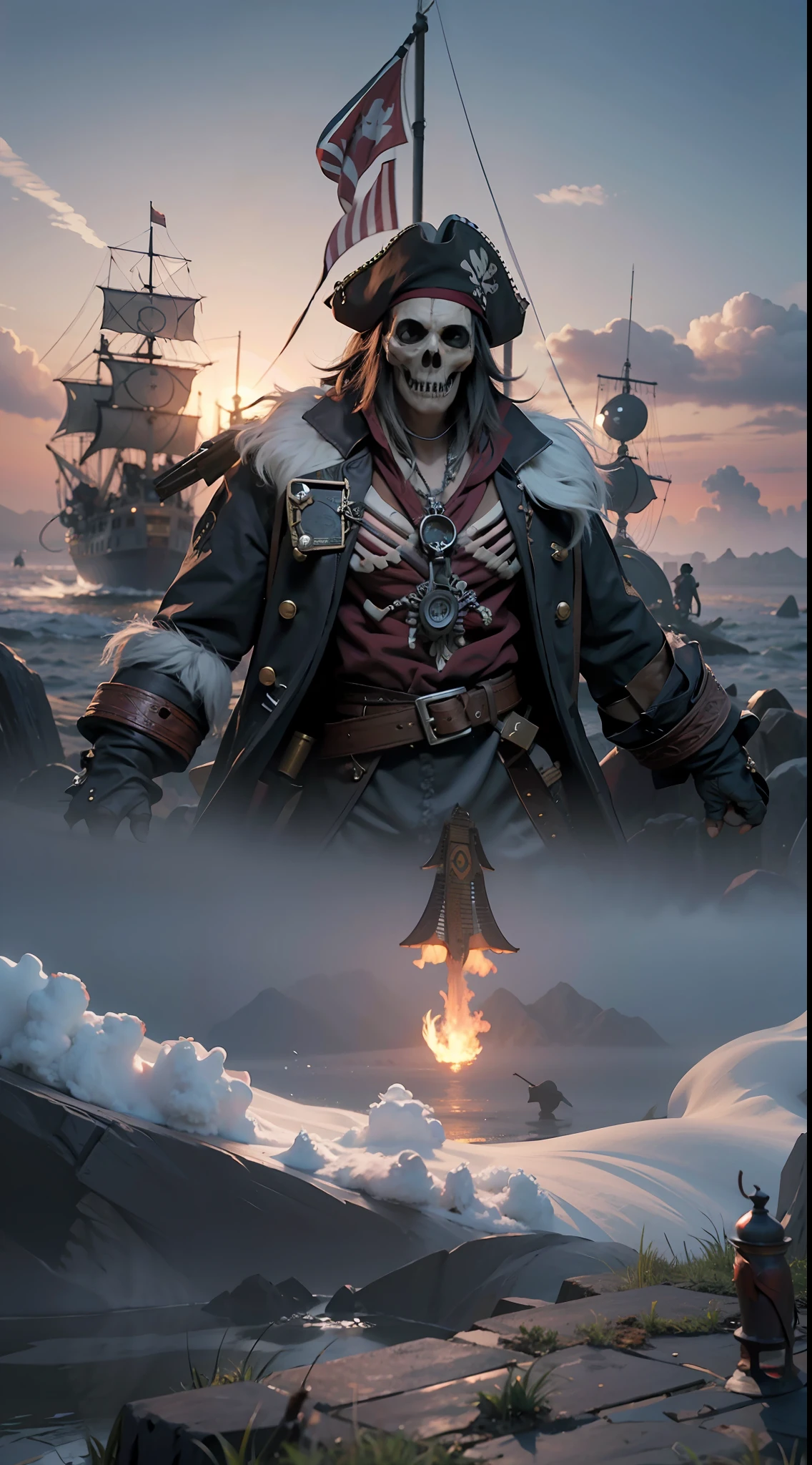 iratePunkAI skeleton pirate,4k,masterpiece, best quality, official art, extremely detailed CG unity 8k wallpaper, highly detailed, absurdres, 8k resolution, The background is full of fog