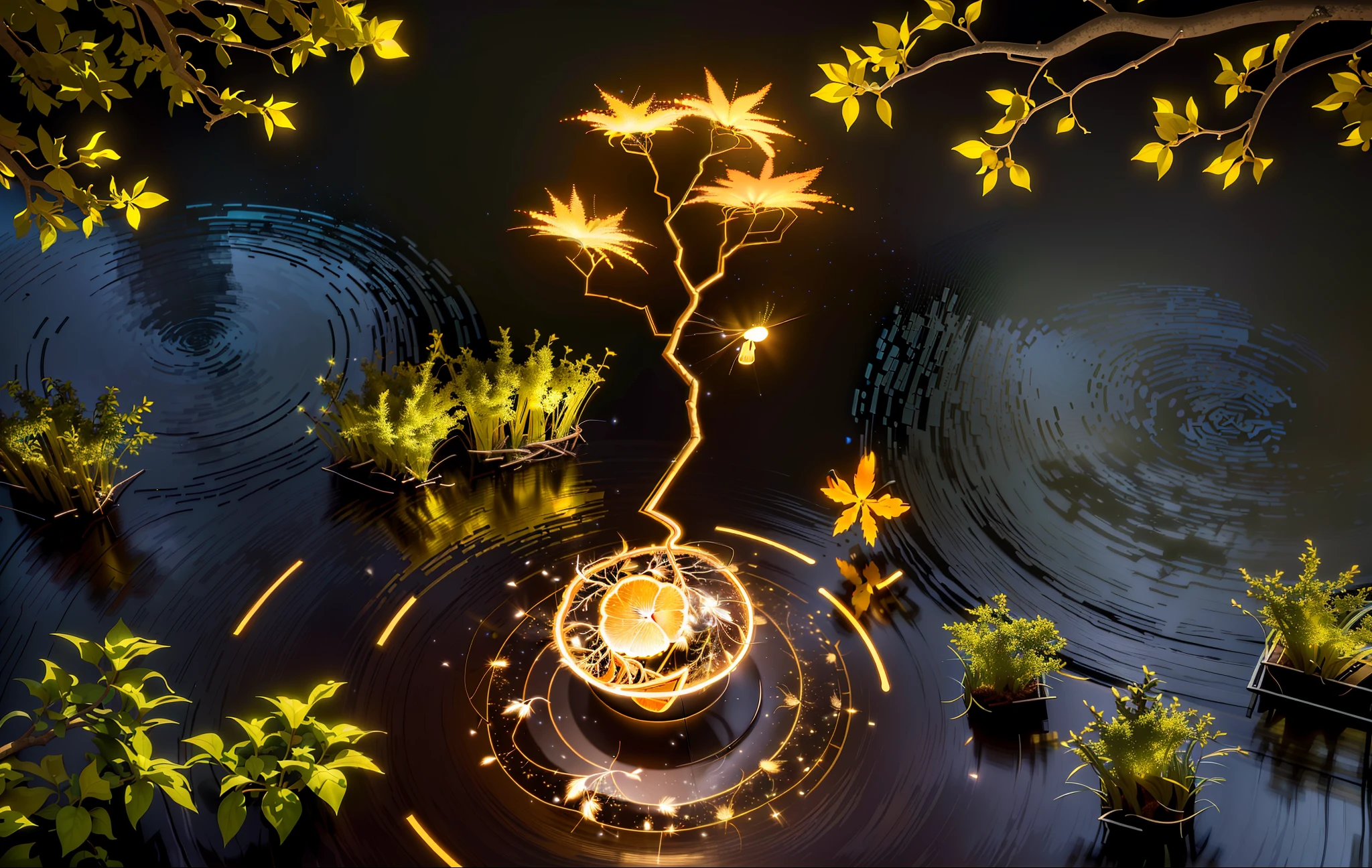 Masterpiece, best quality, (ultra-fine CG unity 8k wallpaper), (best quality), (best shadow), UI interface framework design with natural elements of the forest theme. Surrounded by delicate leaves and branches, there are also fireflies and glowing particle effects, moon, (UI interface box design), (natural elements), (forest theme), (circle), (leaves), (branches), (fireflies), (glow), (particle effects). , isometric 3d, octane rendering, ray tracing, super detailed