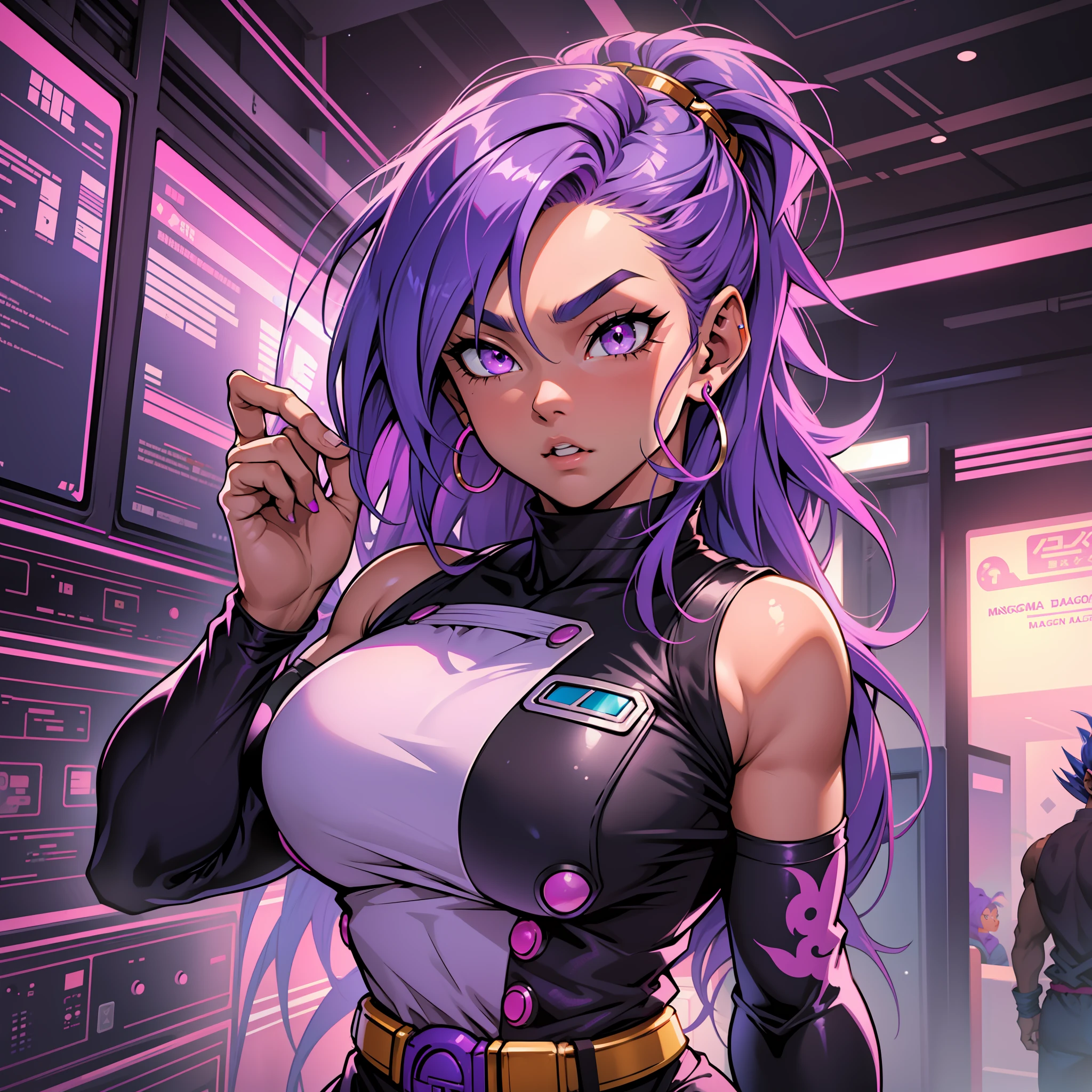 girl, dark skin, dark skin, purple colored eyes, space, purple hair, blue hair, pink hair, long hair, sexy, futuristic, dragon ball style, bulma, dragon ball z