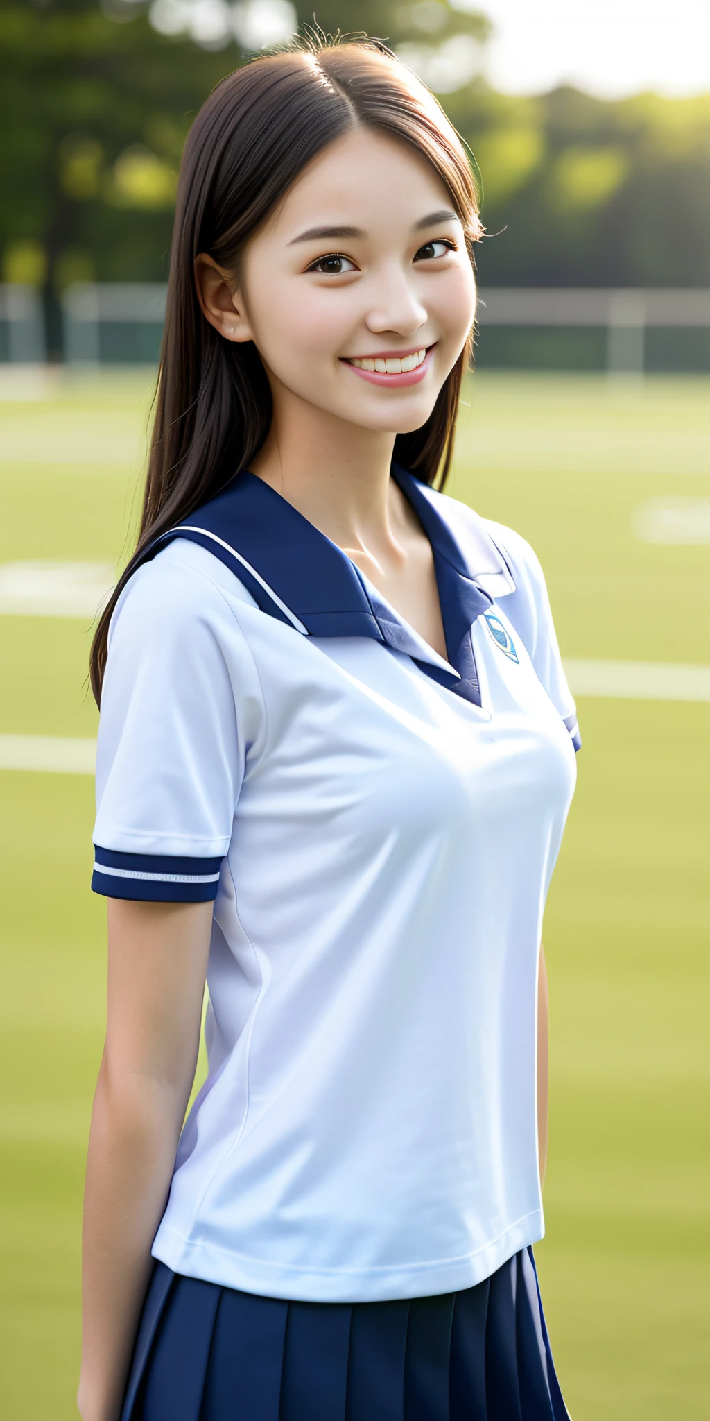 neat college girl, ite person, (school uniform, summer uniform, short sleeve), outside the athletic field, (slim), photorealistic, detail, skin texture, ultra detail, delicate sexy collarbone, smile, super detailed face, detailed lips, detailed eyes, double eyelids, breast enhancement