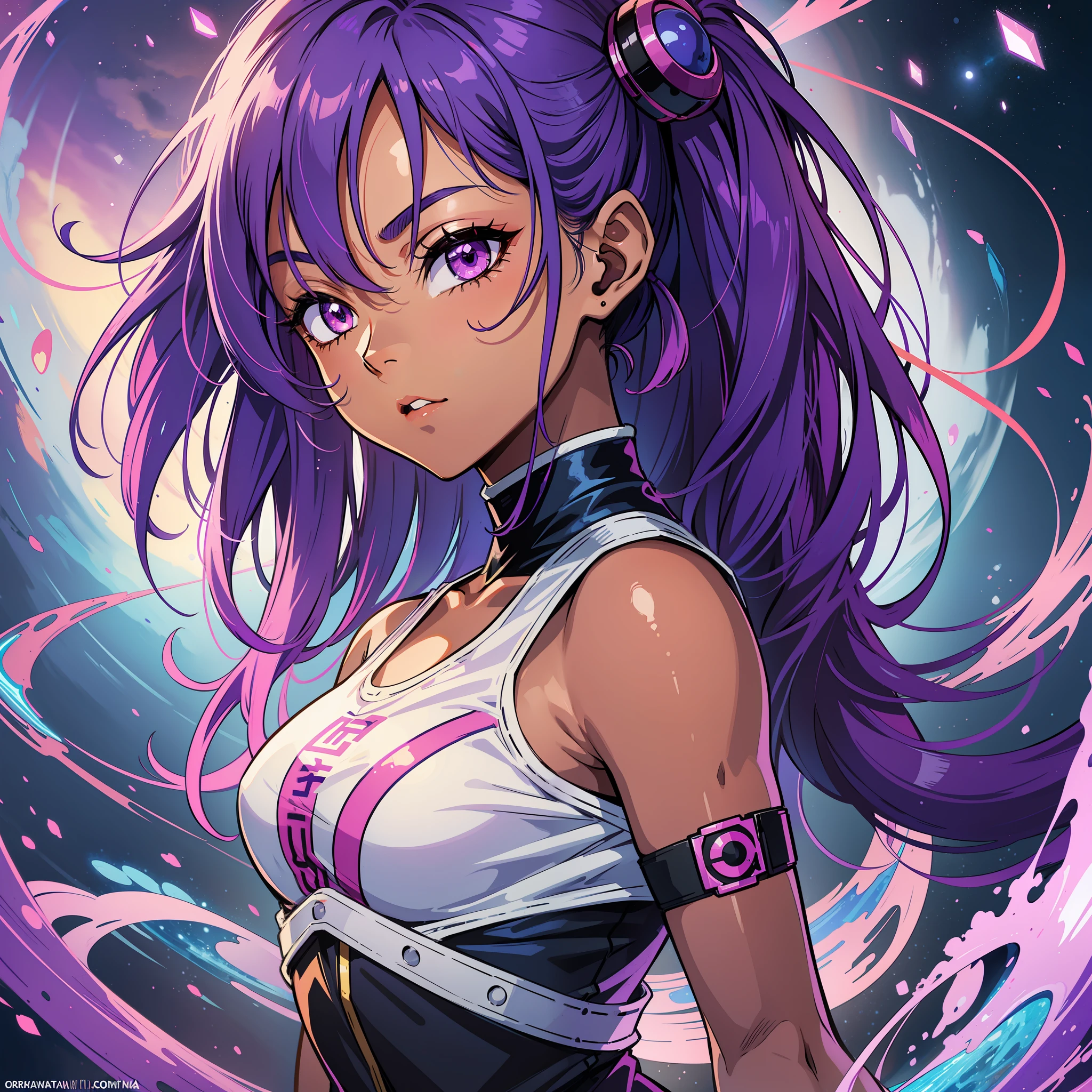 girl, dark skin, dark skin, purple colored eyes, space, purple hair, blue hair, pink hair, long hair, sexy, futuristic, dragon ball style, bulma, dragon ball z