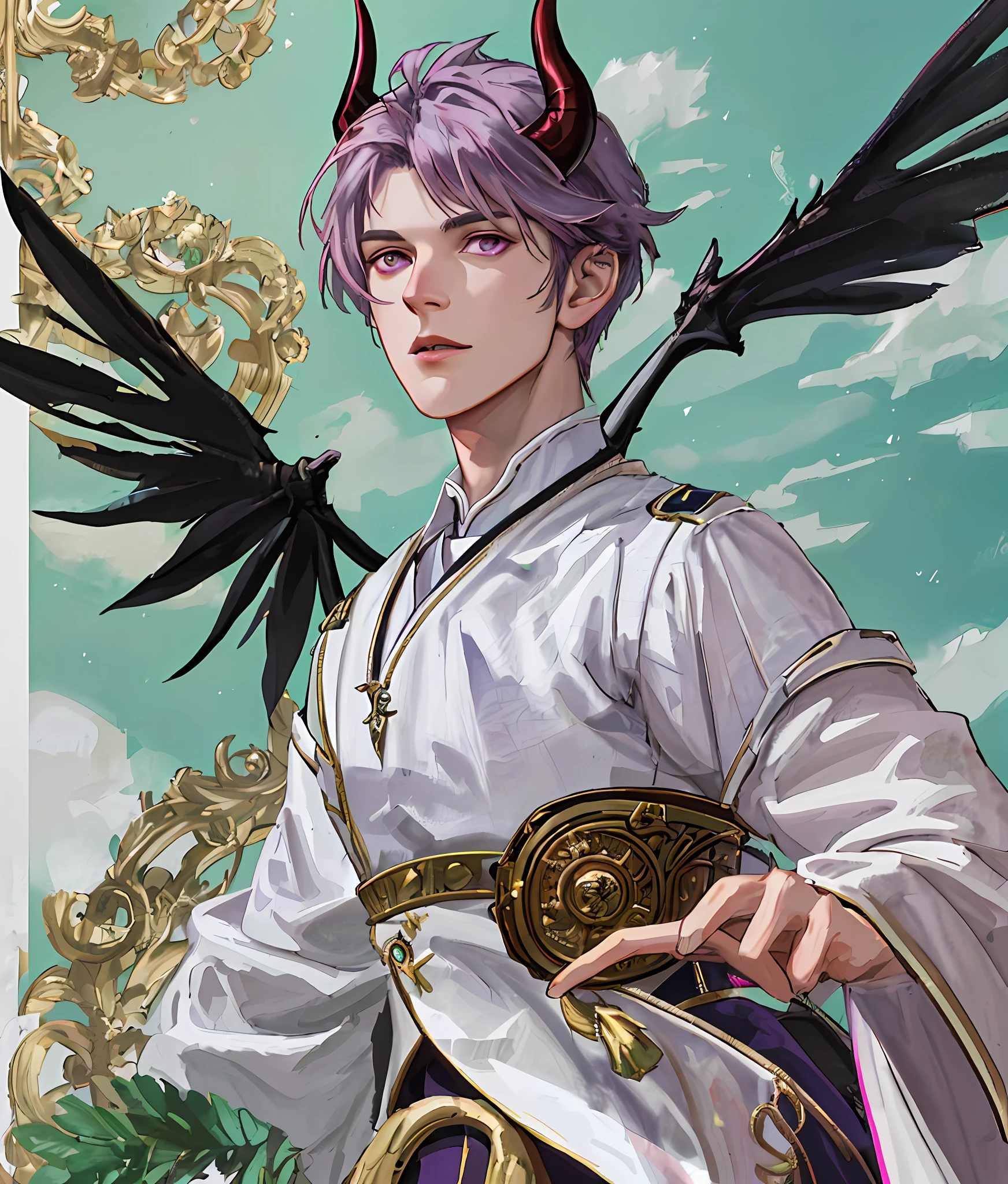 Best Quality, 4K, Masterpiece, Adult Male, Fair and Tender Skin, Purple Hair, Pink Eyes, Green and Slightly Mature, Young, God's Eyes, Fine Hair, Look at the Lens, Face Focus, Delicate Facial Features, Frontal Light, Frontal Light Source, Portraiture, Face Magnification, Close-up of Face, Above the Shoulder, Humble Feeling, Excellent Posture to Capture the Eye, Portrait Painting Effect, Devil Wings, Devil Horns, Devil Tail