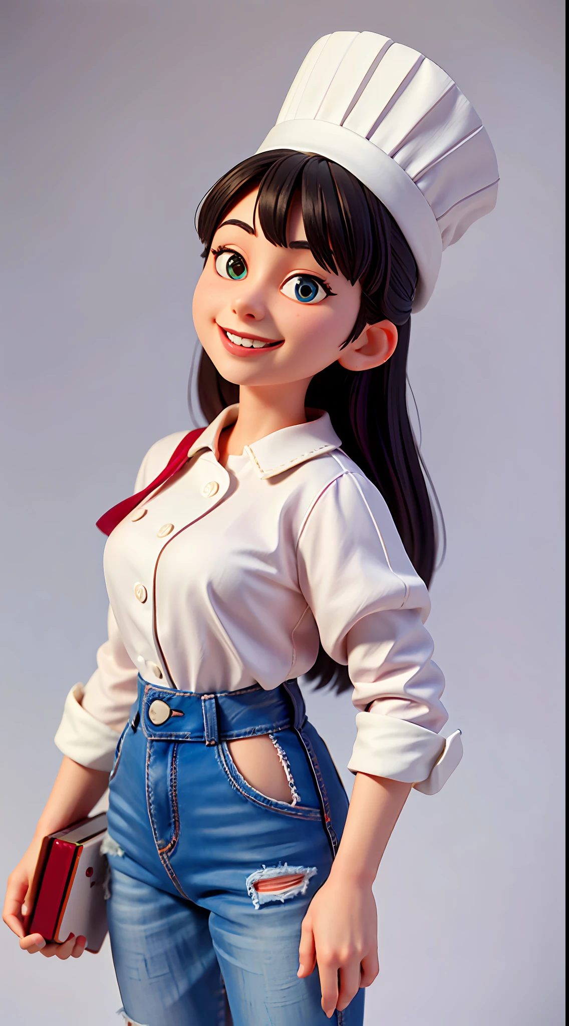 Best quality, realistic, award-winning illustration, (tricky detail: 1.2), (fine detail), (tricky detail), (cinematic lights, best quality), sharp lines, sharp focus, official artwork, 16k, A beautiful woman with a smiling face, wearing a straw hat, wearing a June party hat, June parties, white graffiti splash background, a beautiful young chef, wearing a black apron with colorful blouse emblazoned in June party colors, Wearing jeans, medium black hair, holding a large can of delicious candy, creamy candy splash, character design by George Lucas style, white background.