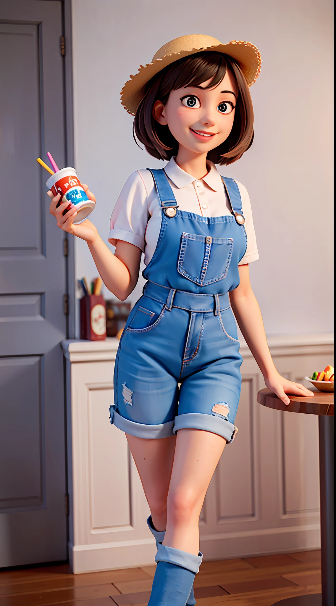 Best quality, realistic, award-winning illustration, (tricky detail: 1.2), (fine detail), (tricky detail), (cinematic lights, best quality), sharp lines, sharp focus, official artwork, 16k, A beautiful woman with a smiling face, wearing a straw hat, wearing a June party hat, June parties, white graffiti splash background, a beautiful young chef, wearing a black apron with colorful blouse emblazoned in June party colors,  Wearing jeans, medium black hair, holding a large can of delicious candy, creamy candy splash, character design by George Lucas style, white background.