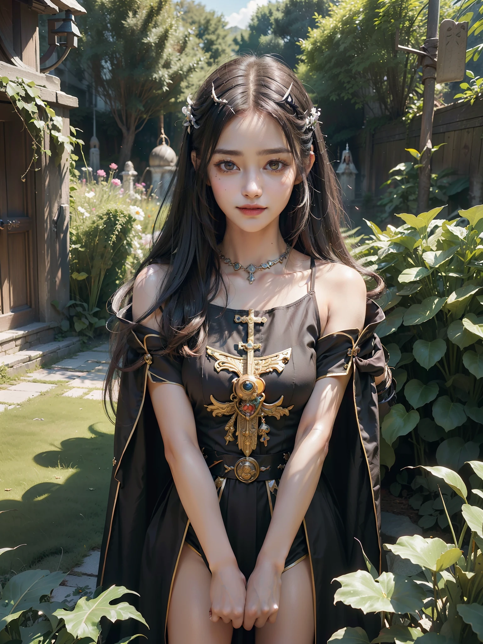 1 girl, goblin killer, mature, petite, healing smile, long knee hair (((priestess)), (masterpiece, top quality, best quality, official art, beauty and aesthetics:1.2), extreme detail, colorful, highest detail ((super detailed)), (highly detailed CG illustration), ((extremely delicate and beautiful)), cinematic light, garden, outdoors