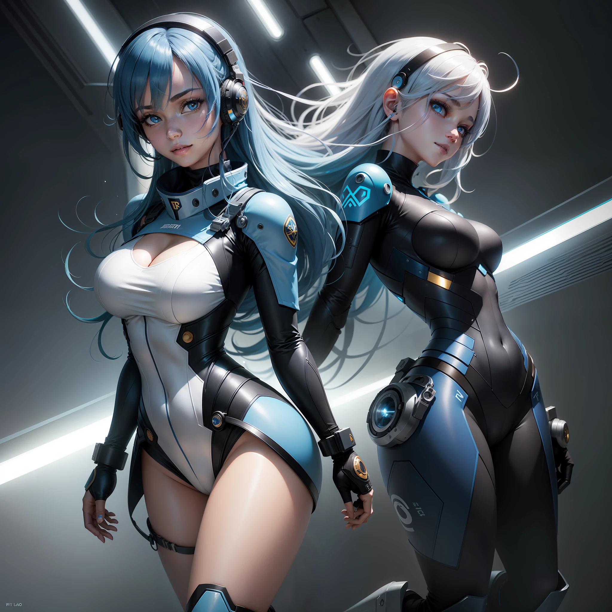 Full body, blue hair, blunt bang, masterpiece, top quality, official art, album art, very elaborate CG Unity 8K wallpaper, solo girl, Japan girl, full body, super high resolution, (photorealistic: 1.4), dynamic angle, dynamic pose, sparkling blue color eyes, golden hour lighting, white and blue and black color flight suit, tight fit clothes, Full body covering clothes, knee boots, (puffy eyes), watch the viewer, front-facing, beauty, medium breasts, shirt lift, metal wire, slim body, arm-length gloves, anime heroine, gentle smile, headset, detailed robot cockpit