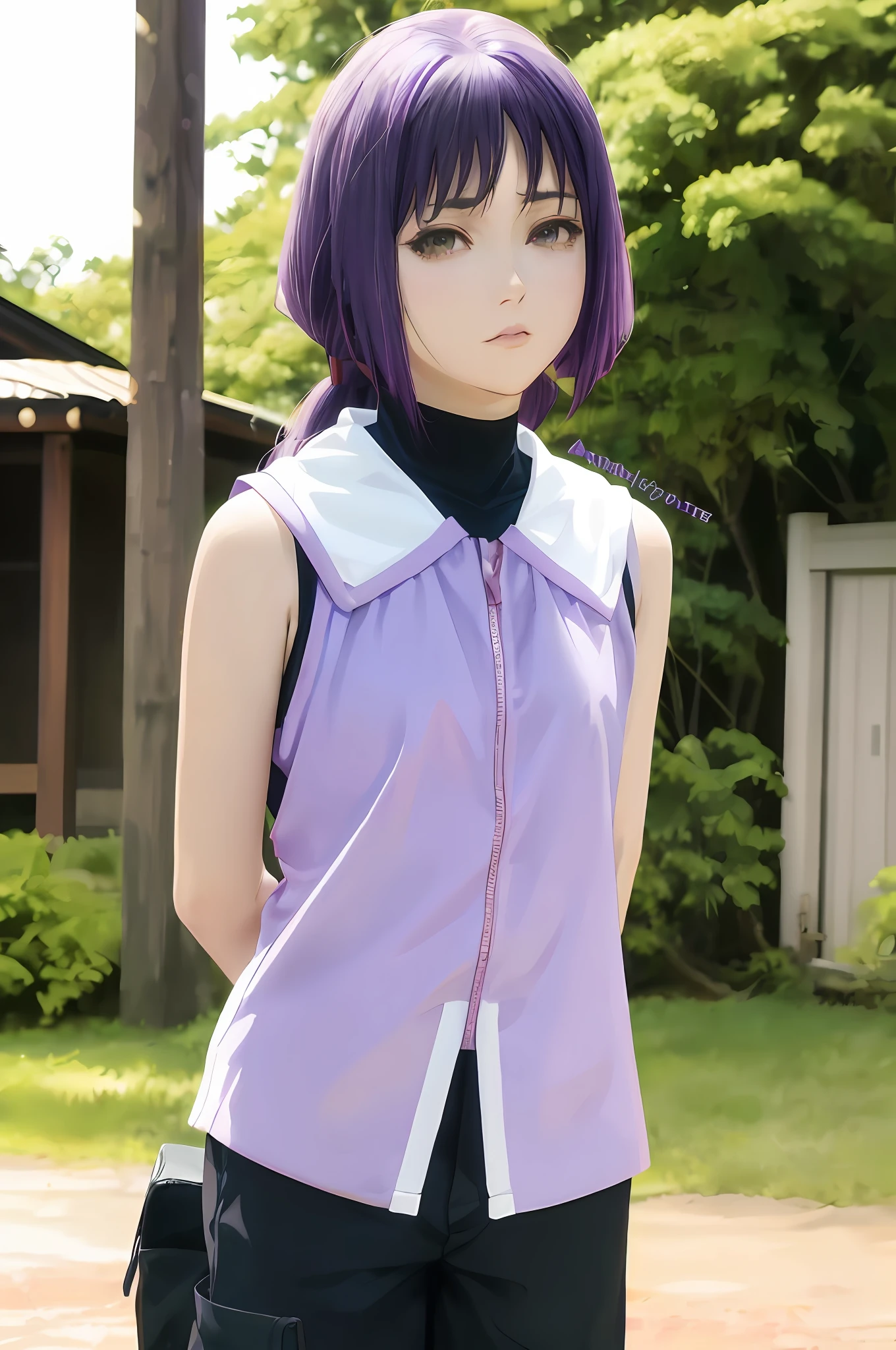 arafed woman with purple hair and a purple top standing in front of a house, ayaka cosplay, misato katsuragi, hinata hyuga, anime cosplay, anime girl cosplay, hana yata, hinata hyuga from naruto, anime girl in real life, mayuri shiina, yayoi kasuma, rei hiroe, fubuki