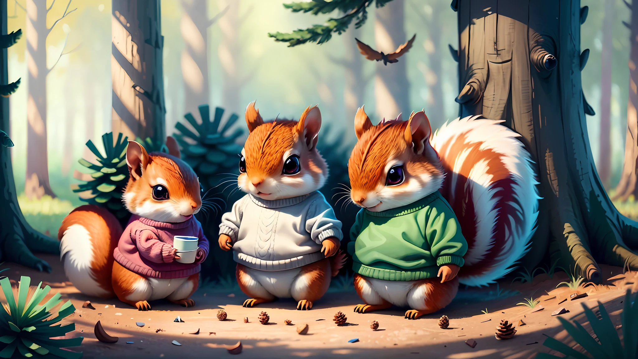 masterpiece, best quality, 8K, colorful, photorealistic, HDR, high detail, wallpaper, squirrels wearing a sweater, pinecones, trees, cut13cl0th3stech, autumn, multiple animals