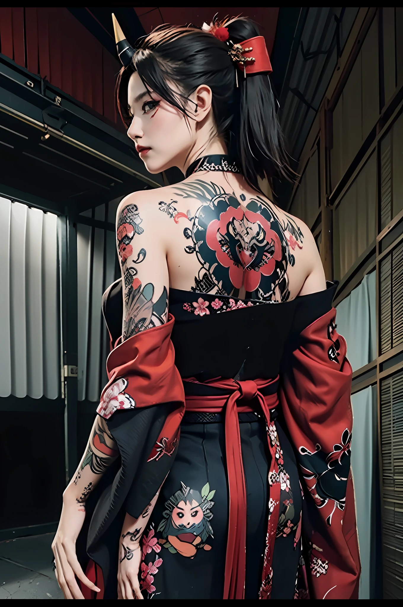 masterpiece, top quality, best quality, official art, beautiful and aesthetic:1.2),1girl, tattoo, solo, japanese clothes, red and black kimono, hair ornament, unsheathing, black hair, sheath, back tattoo, dragon tattoo, blue eyes, off shoulder, bare shoulders, looking back, from behind, looking at viewer, holding, makeup, outdoor, mask with a horn in lef, mask covering half face, left face cover mask, onimusha mask, cyberpunk style, futuristik, kimono, neon tatto