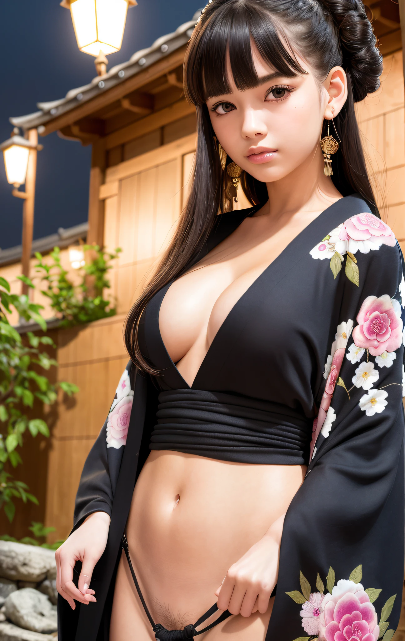(8k, RAW photo, best quality, masterpiece:1.2), ultra detailed, ultra high res, (realistic, photo realistic:1.37), portrait, high detail RAW color photo, professional photograph, an extremely delicate and beautiful, extremely detailed, 8k wallpaper, Amazing, finely detail, huge file size, official art, extremely detailed CG unity 8k wallpaper, extremely detailed beautiful girl, extremely detailed face, extremely detailed eyes, extremely detailed skin, extremely detailed fingers, extremely detailed nose, extremely detailed mouth, perfect anatomy, highly detailed background, extremely detailed clothing, 1girl, (18 years old:1.2), age, cute girl, famous japanese idol, kawaii, (small breasts:1.2), realistic body, petite, fair skin, shiny skin, slender body, good figure, black hair, tied up hair, (blunt bangs:1.2), smile, cute, young, cute face, realistic face, beautifully detailed eyes, drooping eyes, (kimono:1.4), intricate embroidery, earrings, (hair ornaments:1.2), looking at viewer, cowboy shot, face the front, standing posture, contrapposto, outdoors, (night:1.4), Japanese style, Kyoto, dynamic lighting,