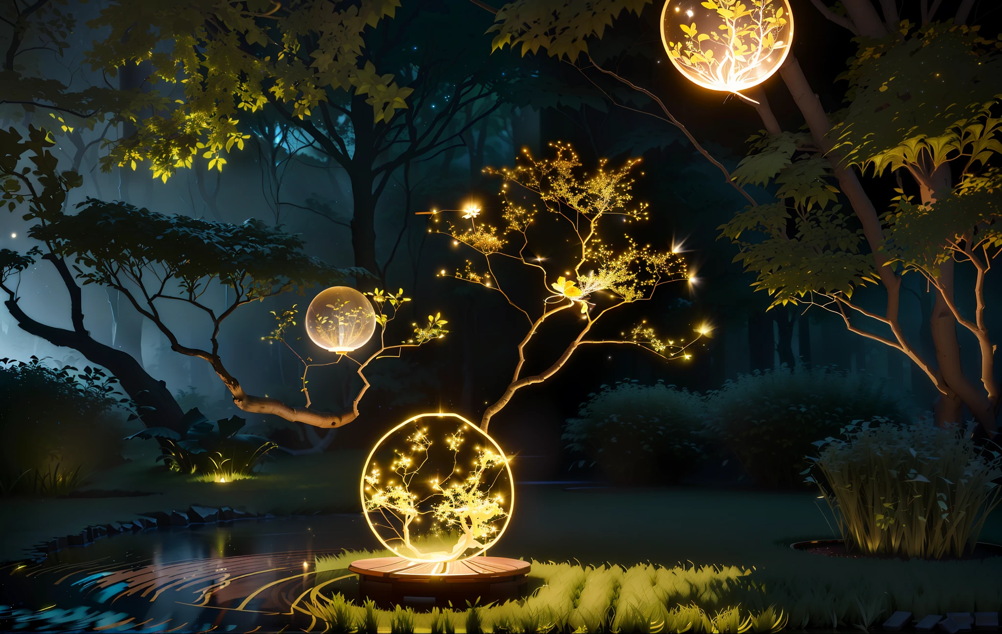 Masterpiece, best quality, (ultra-fine CG unity 8k wallpaper), (best quality), (best shadow), UI interface framework design with natural elements of the forest theme. Surrounded by delicate leaves and branches, there are also fireflies and glowing particle effects, moon, (UI interface box design), (natural elements), (forest theme), (circle), (leaves), (branches), (fireflies), (glow), (particle effects). , isometric 3d, octane rendering, ray tracing, super detailed