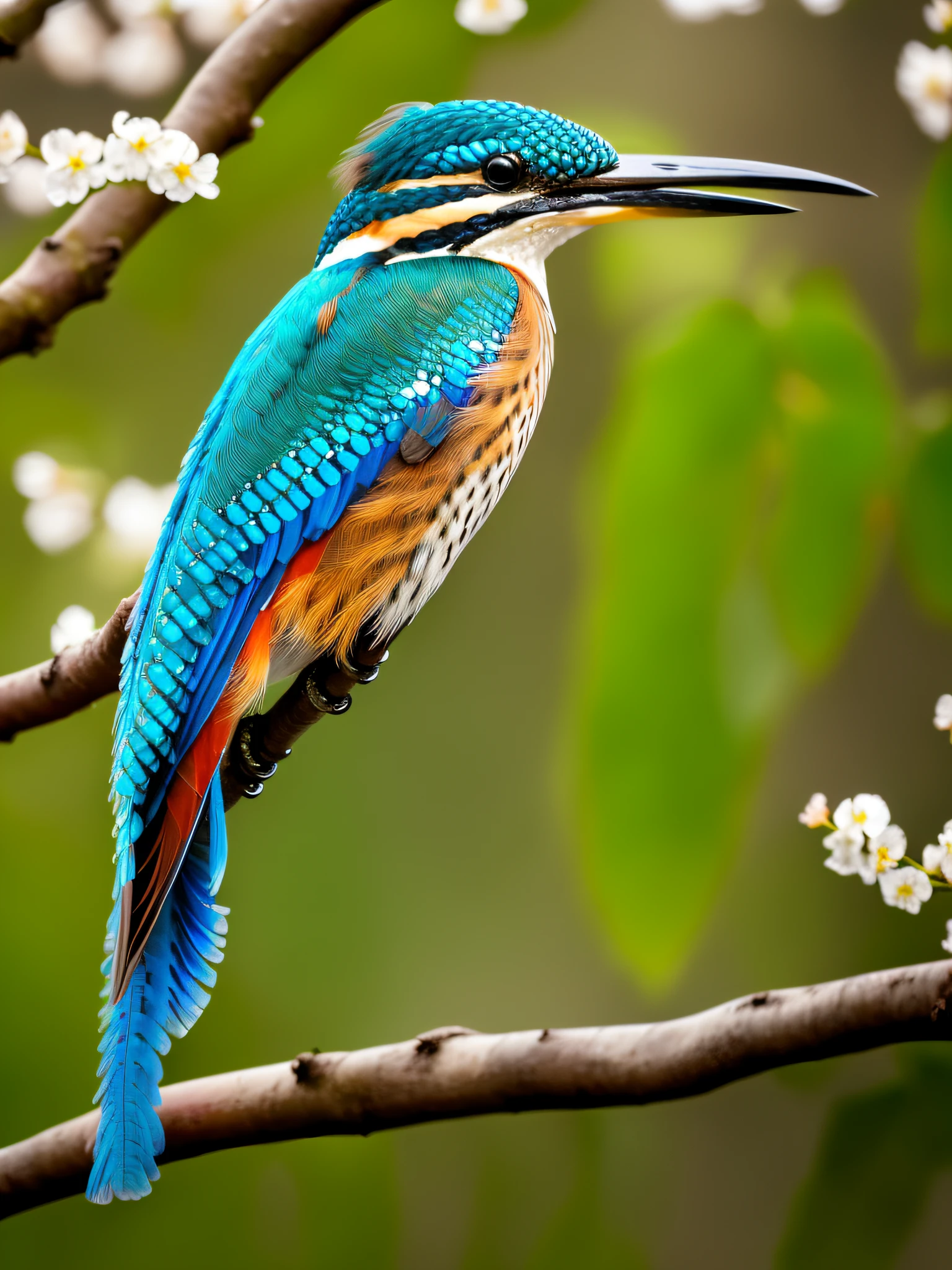 superb kingfisher on a branch near budding white cherry flowers, dark, dawn, (chilly early morning:1.1), (morning dew:1.15), realistic photography, (low-key photograph:1.2), detailed, 8k, intricate ruffled feathers, water droplets on the feathers, (to8contrast style), (mist:0.7), vivid colors, Sony a6600 Mirrorless Camera, embellish2