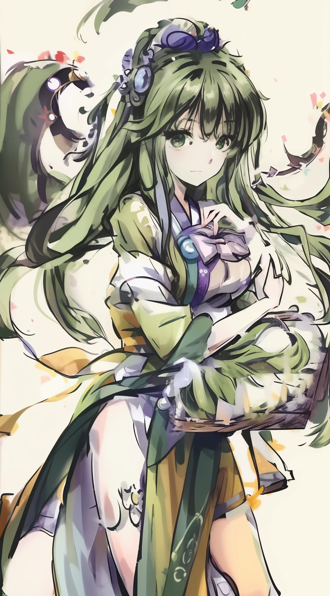 anime girl with green hair and a green dress holding a basket, anime goddess, from touhou, lady palutena, palutena, pixiv contest winner, pixiv, touhou character, anime moe artstyle, pixiv style, flowing hair and long robes, anime illustration, digital art on pixiv, shikishi, touhou project official artwork
